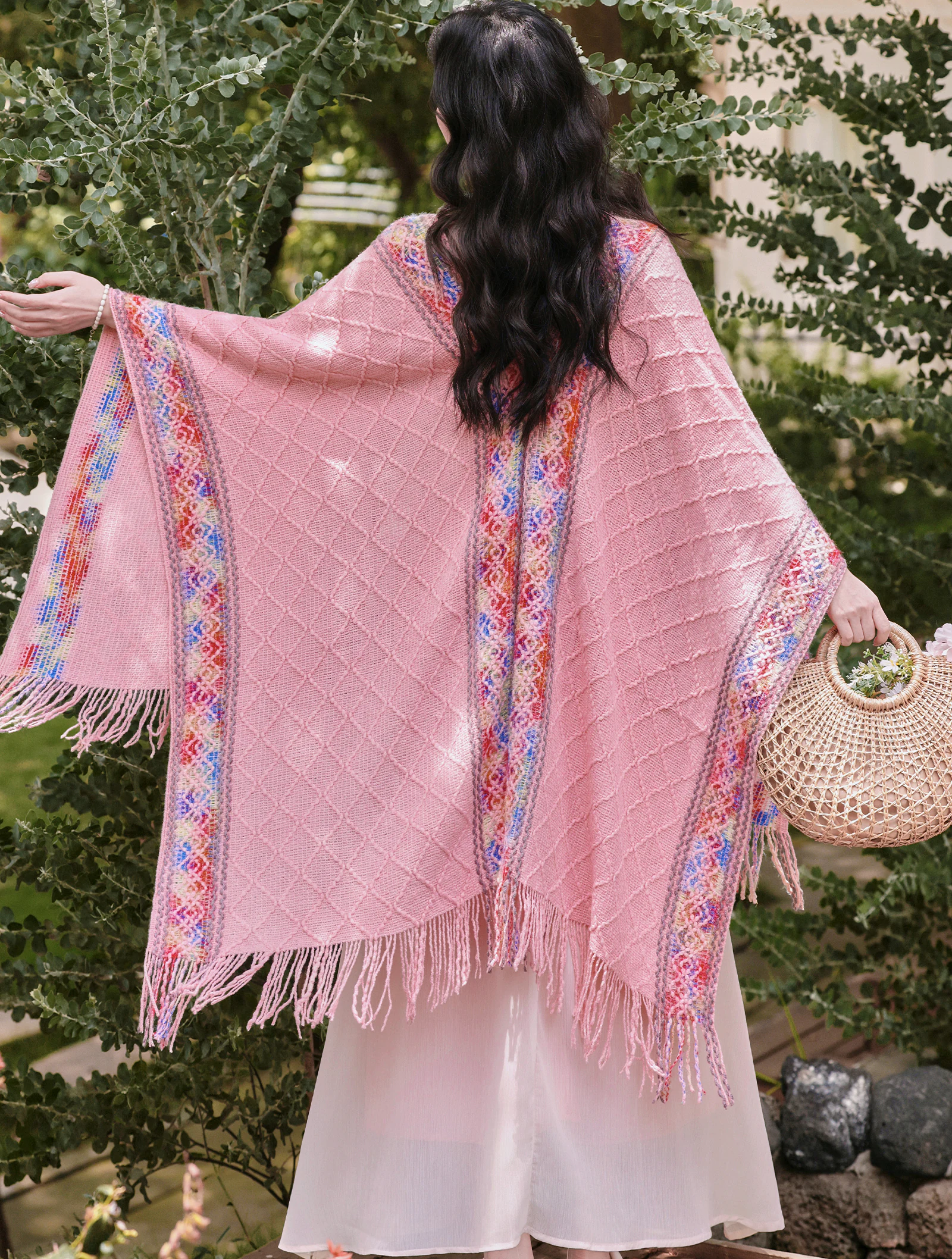 Bohemian Pink Watercolor Floral Print Slip Dress with Fringed Shawl Set06 Bohemian Pink Watercolor Floral Print Slip Dress with Fringed Shawl Set06