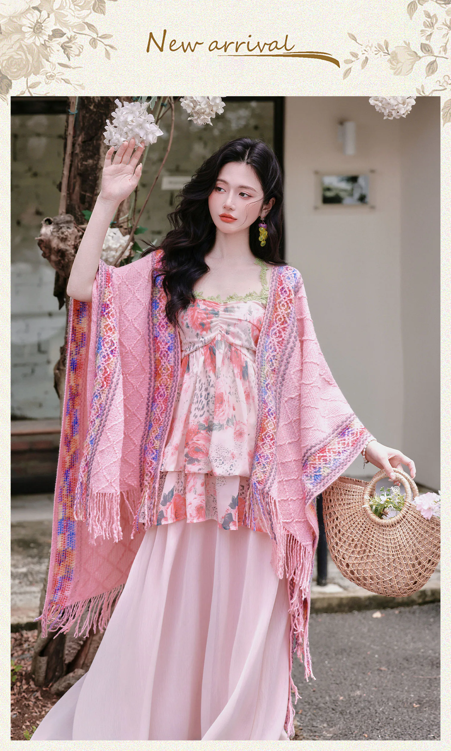 Bohemian-Pink-Watercolor-Floral-Print-Slip-Dress-with-Fringed-Shawl-Set07