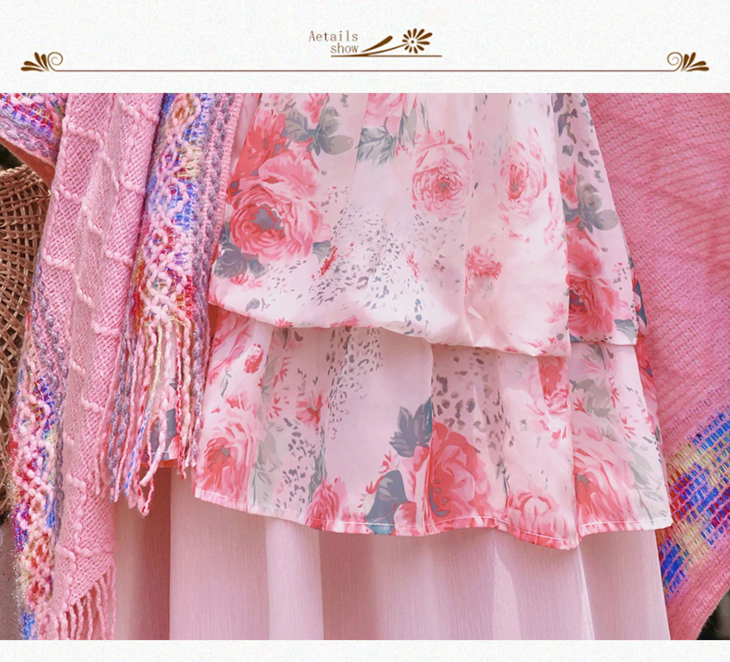Bohemian-Pink-Watercolor-Floral-Print-Slip-Dress-with-Fringed-Shawl-Set08