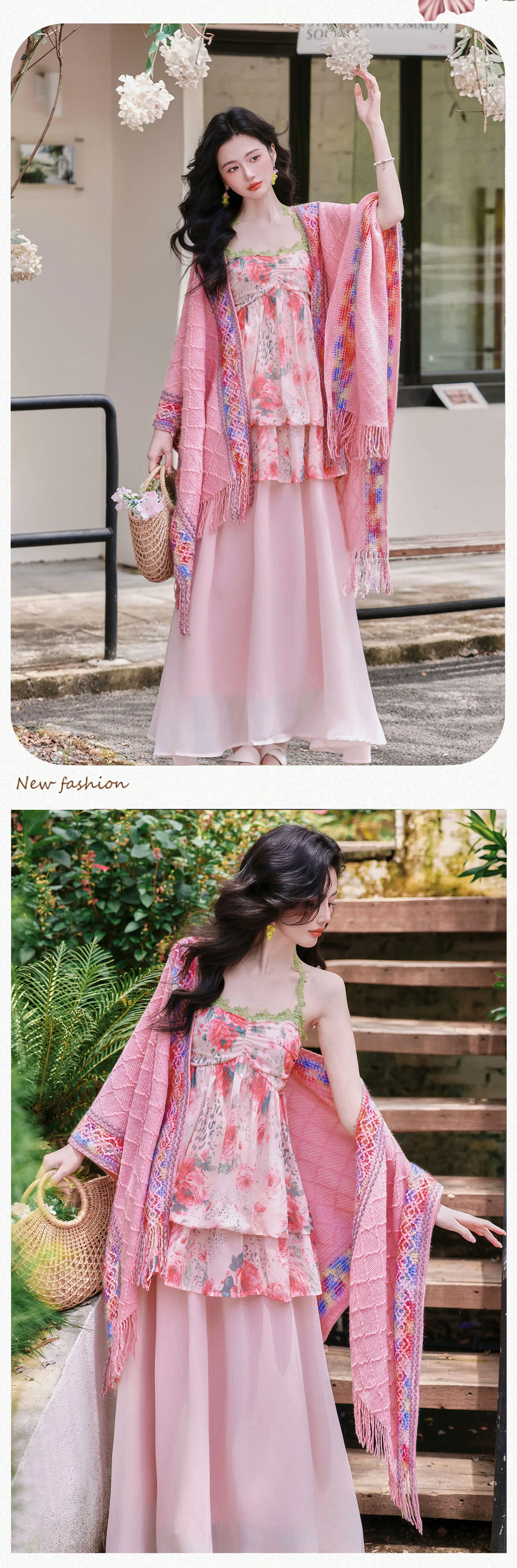 Bohemian-Pink-Watercolor-Floral-Print-Slip-Dress-with-Fringed-Shawl-Set12