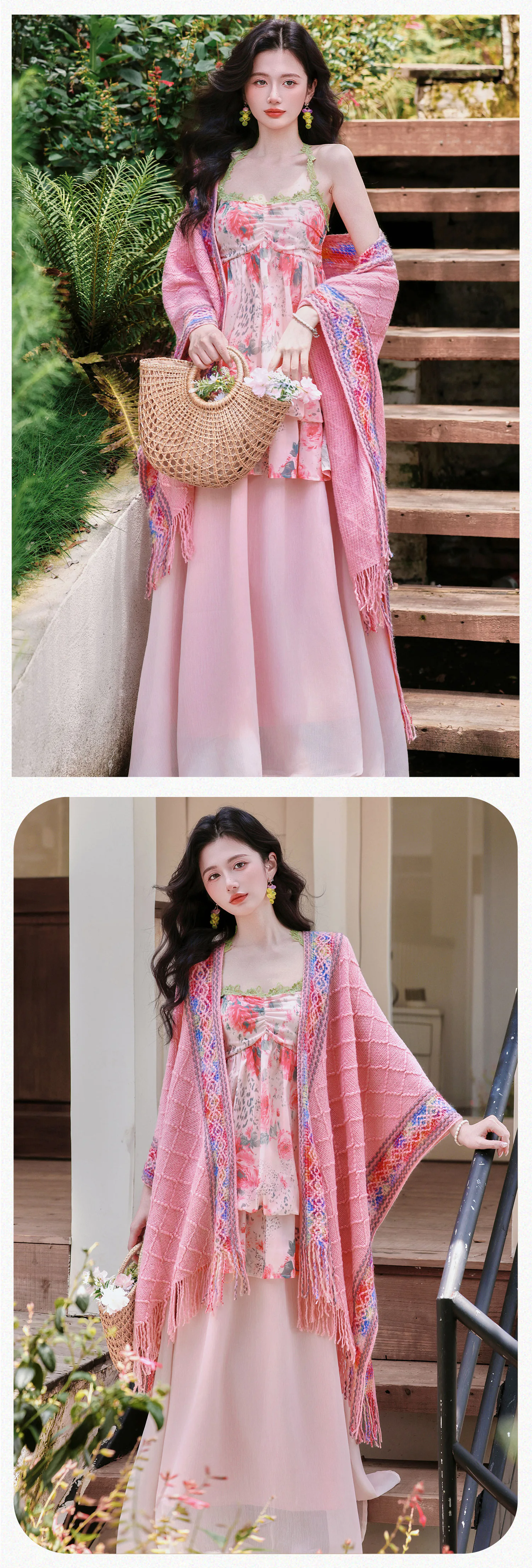 Bohemian-Pink-Watercolor-Floral-Print-Slip-Dress-with-Fringed-Shawl-Set13