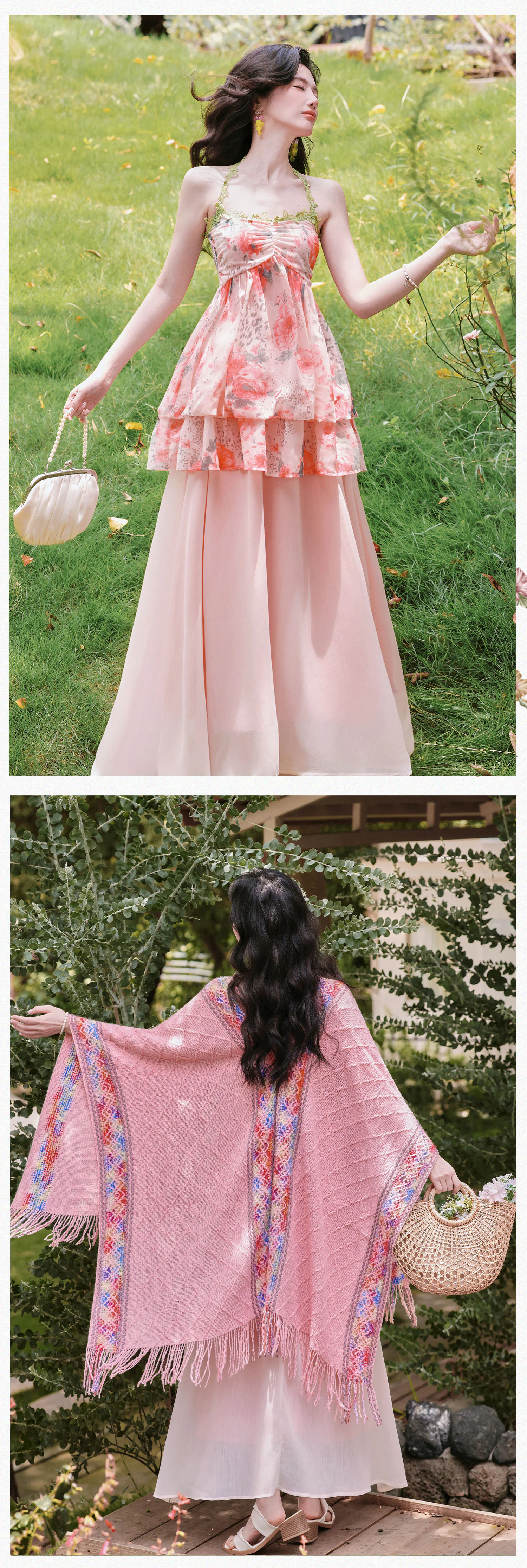 Bohemian-Pink-Watercolor-Floral-Print-Slip-Dress-with-Fringed-Shawl-Set14