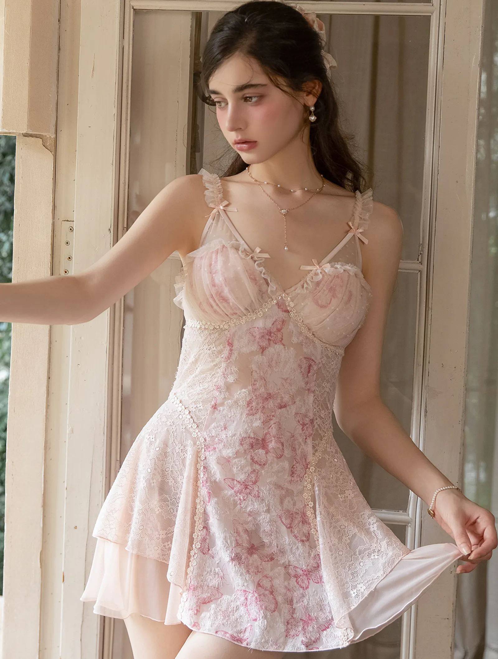 Butterfly Floral Burnt Out Lace Open Back Nightgown with Built in Pads02