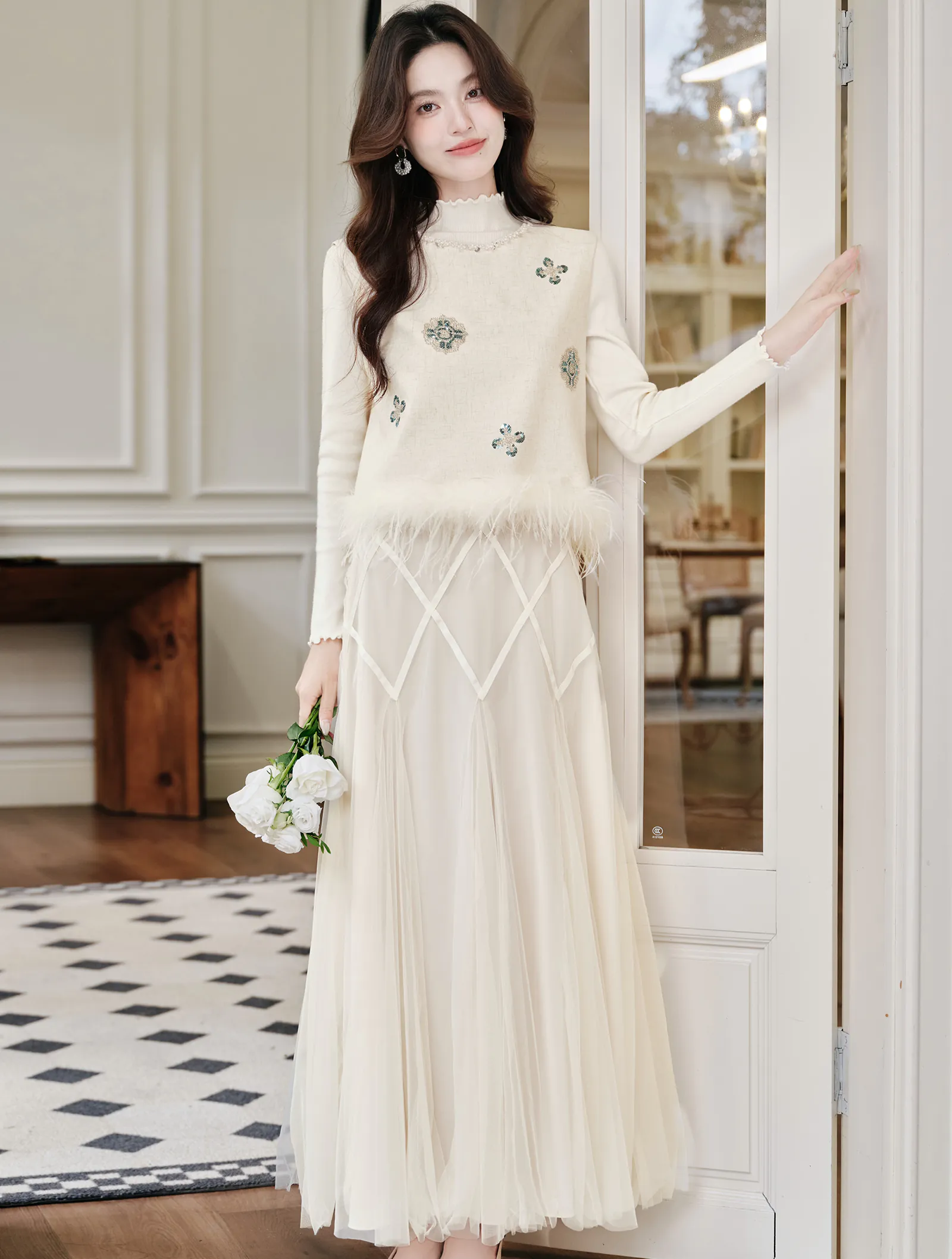 Chic Vintage Floral Embroidered Feather Trim Vest Long Sleeve Top Tulle Skirt Set01