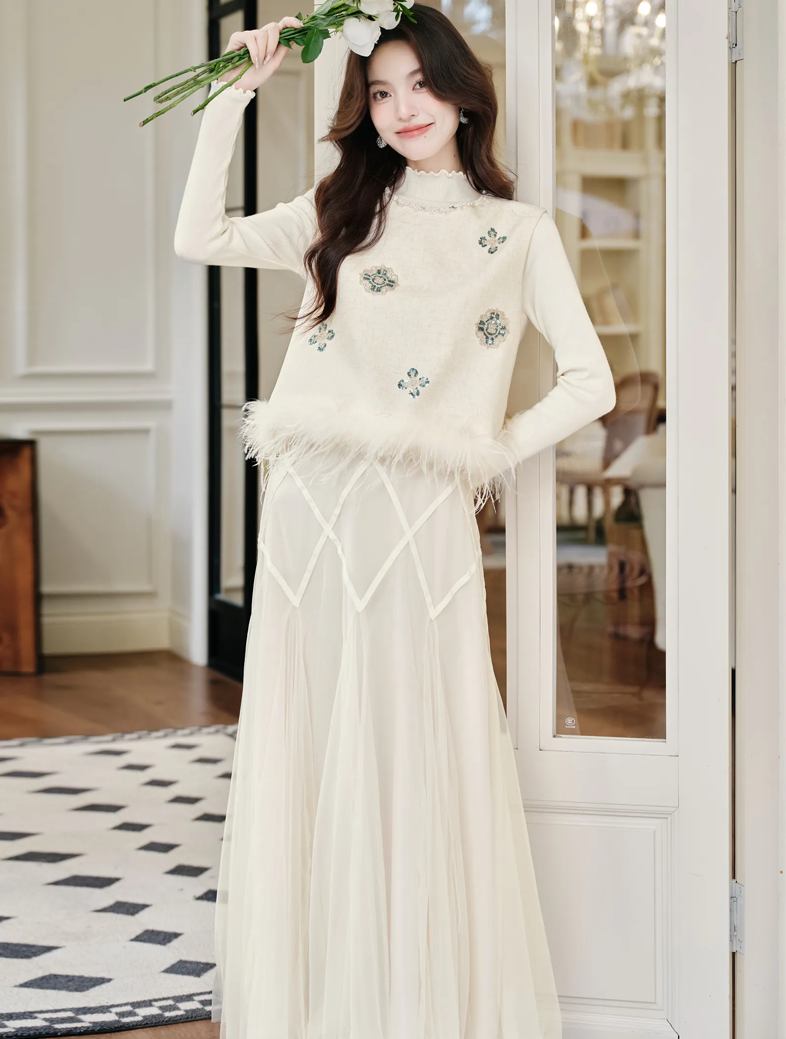Chic Vintage Floral Embroidered Feather Trim Vest Long Sleeve Top Tulle Skirt Set05 Chic Vintage Floral Embroidered Feather Trim Vest Long Sleeve Top Tulle Skirt Set05