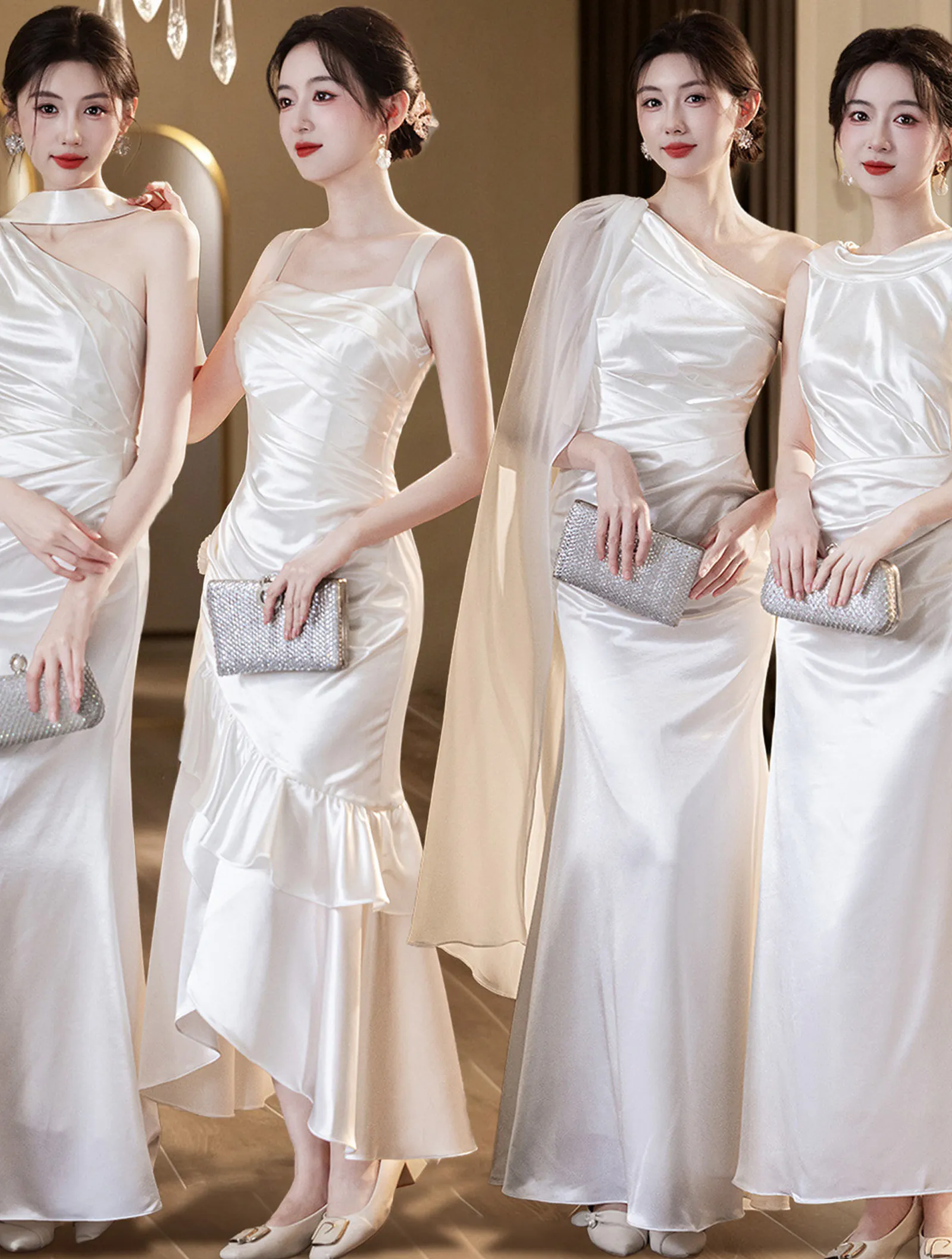 Classic Ivory Mismatched White Satin Bridal Party Wedding Guest Dress02
