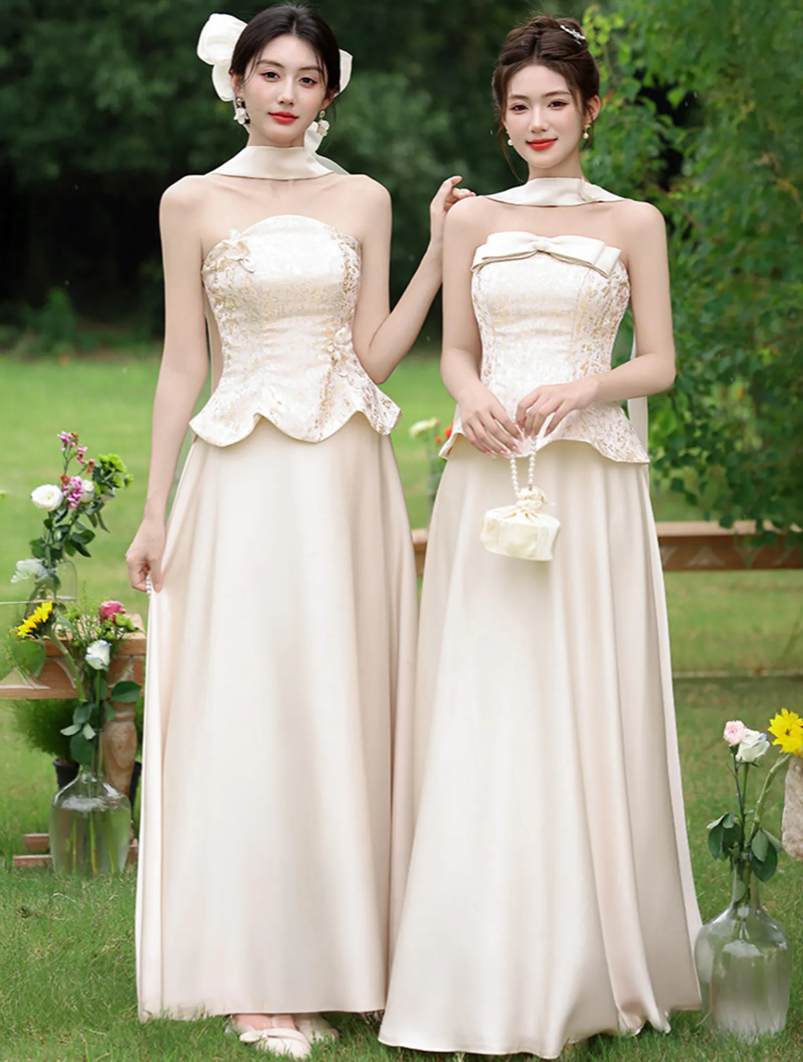 Classy Champagne Brocade Jacquard Corset Mismatched Bridesmaid Dress01