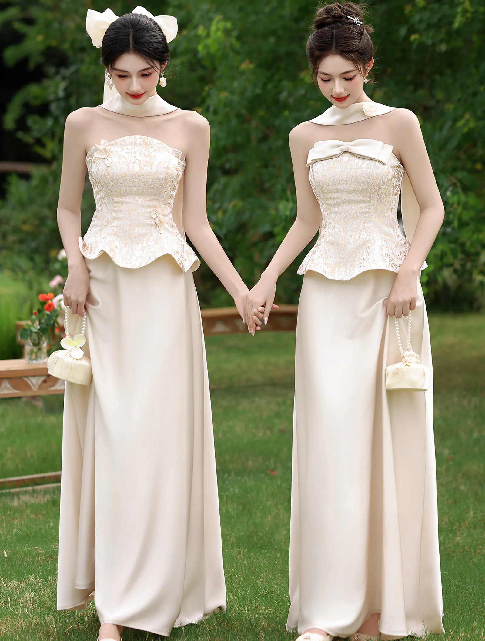 Classy Champagne Brocade Jacquard Corset Mismatched Bridesmaid Dress05 Classy Champagne Brocade Jacquard Corset Mismatched Bridesmaid Dress05