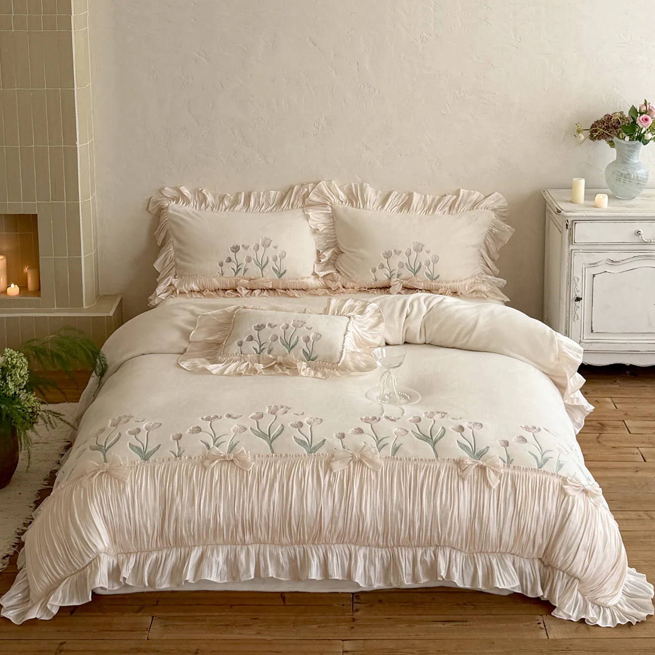 Coquette Pink Tulip Embroidered Winter Warm 230g Milk Velvet Duvet Cover Set01