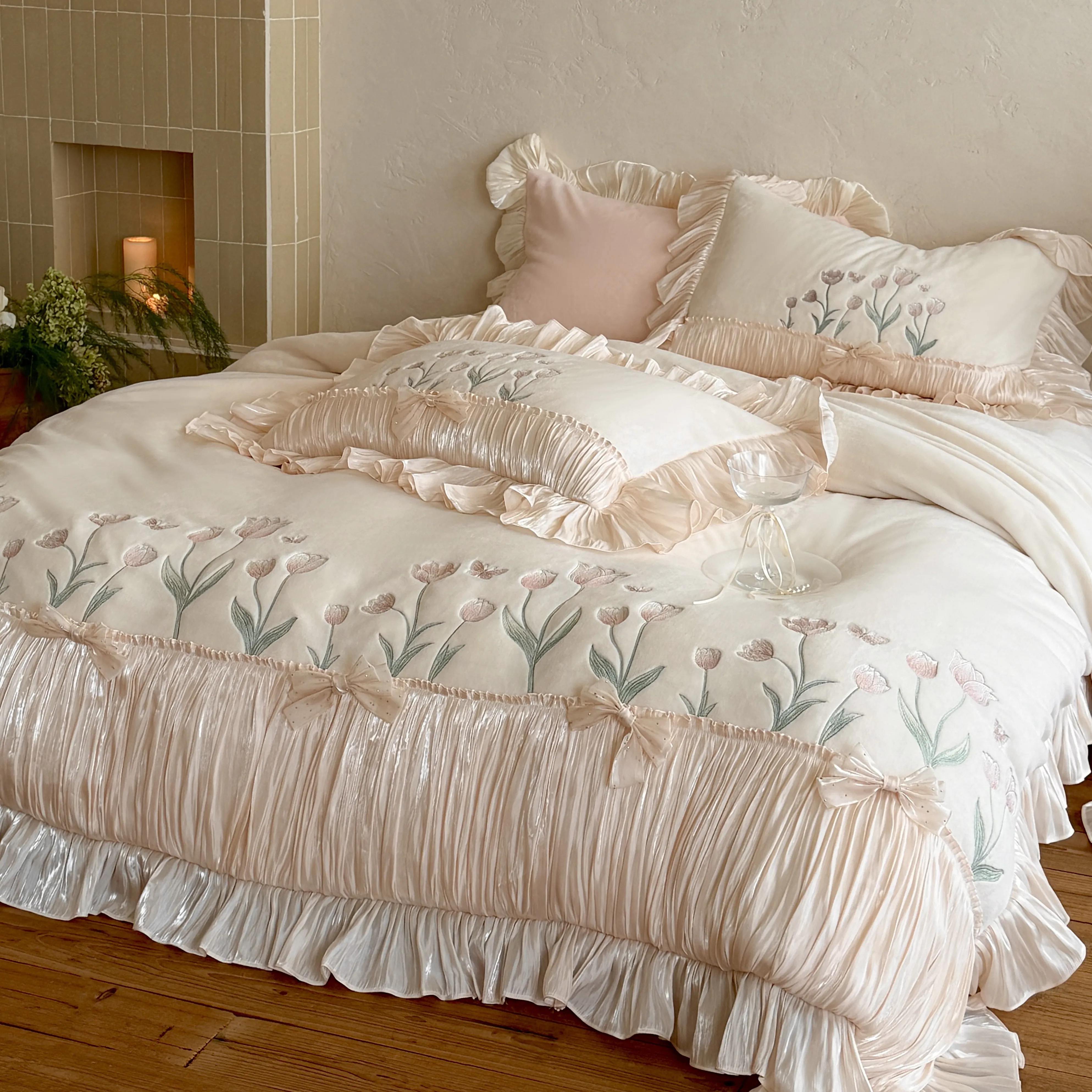 Coquette Pink Tulip Embroidered Winter Warm 230g Milk Velvet Duvet Cover Set02