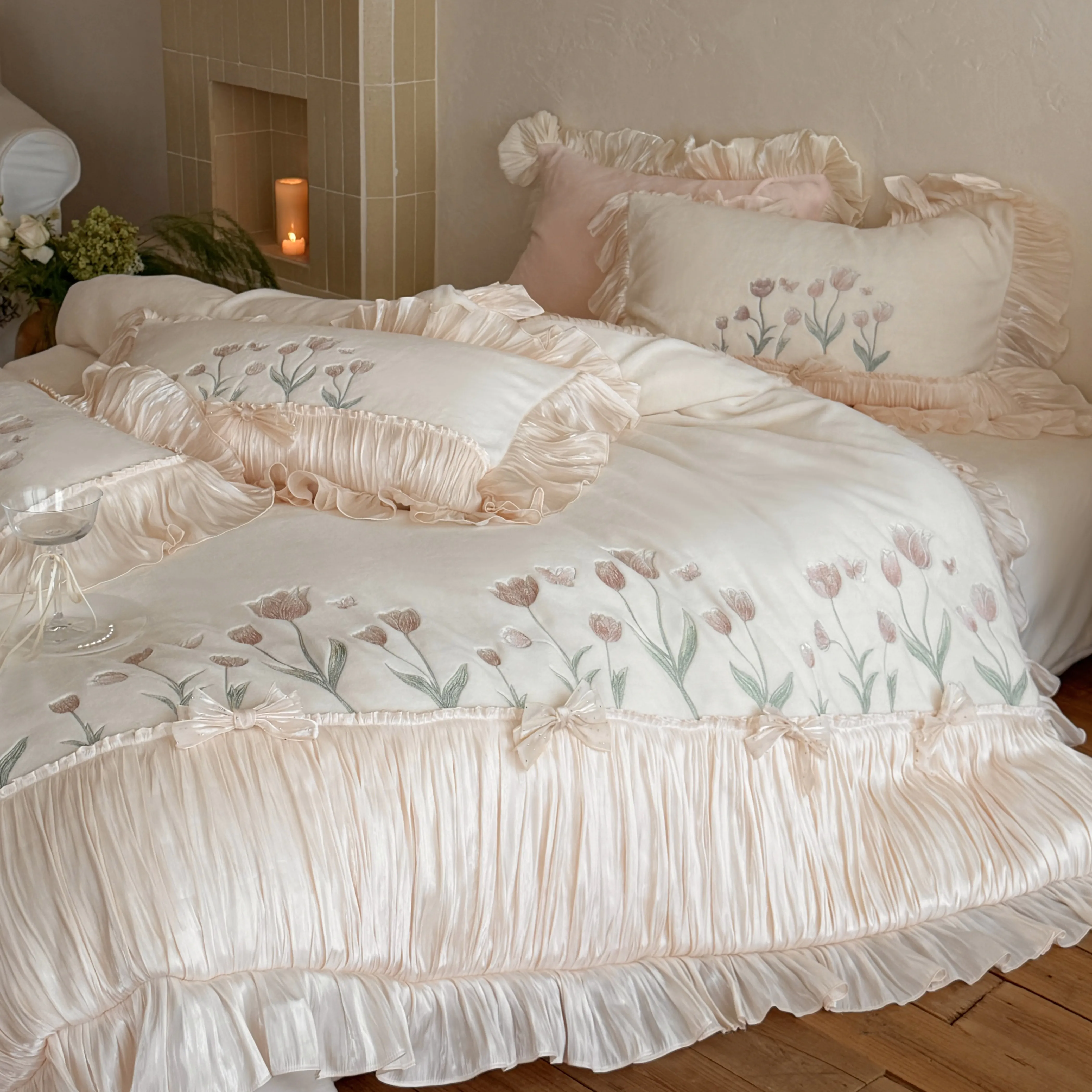 Coquette Pink Tulip Embroidered Winter Warm 230g Milk Velvet Duvet Cover Set04 Coquette Pink Tulip Embroidered Winter Warm 230g Milk Velvet Duvet Cover Set04