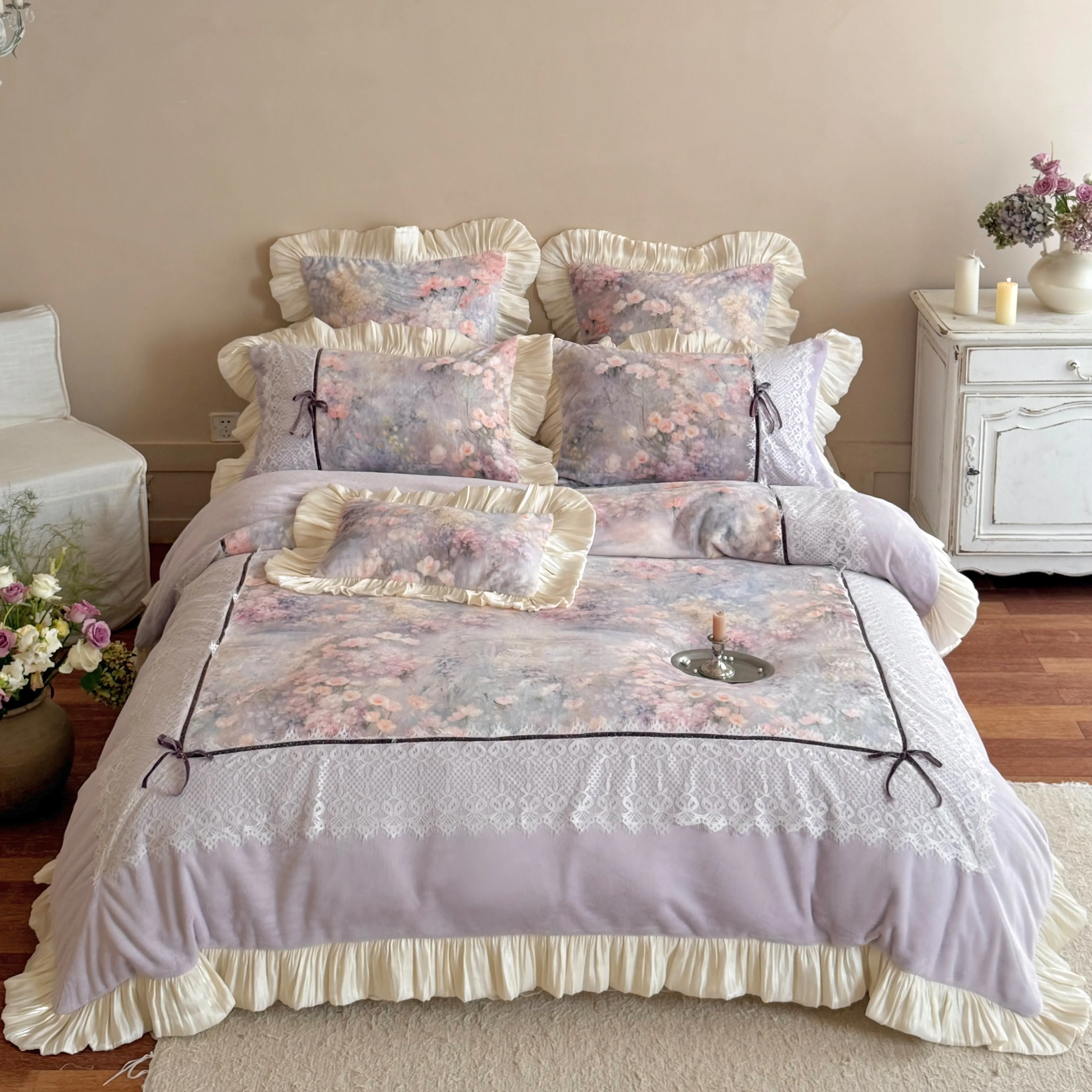 Cottagecore Reversible Floral Print 260g Milk Velvet Winter Bedding Set01