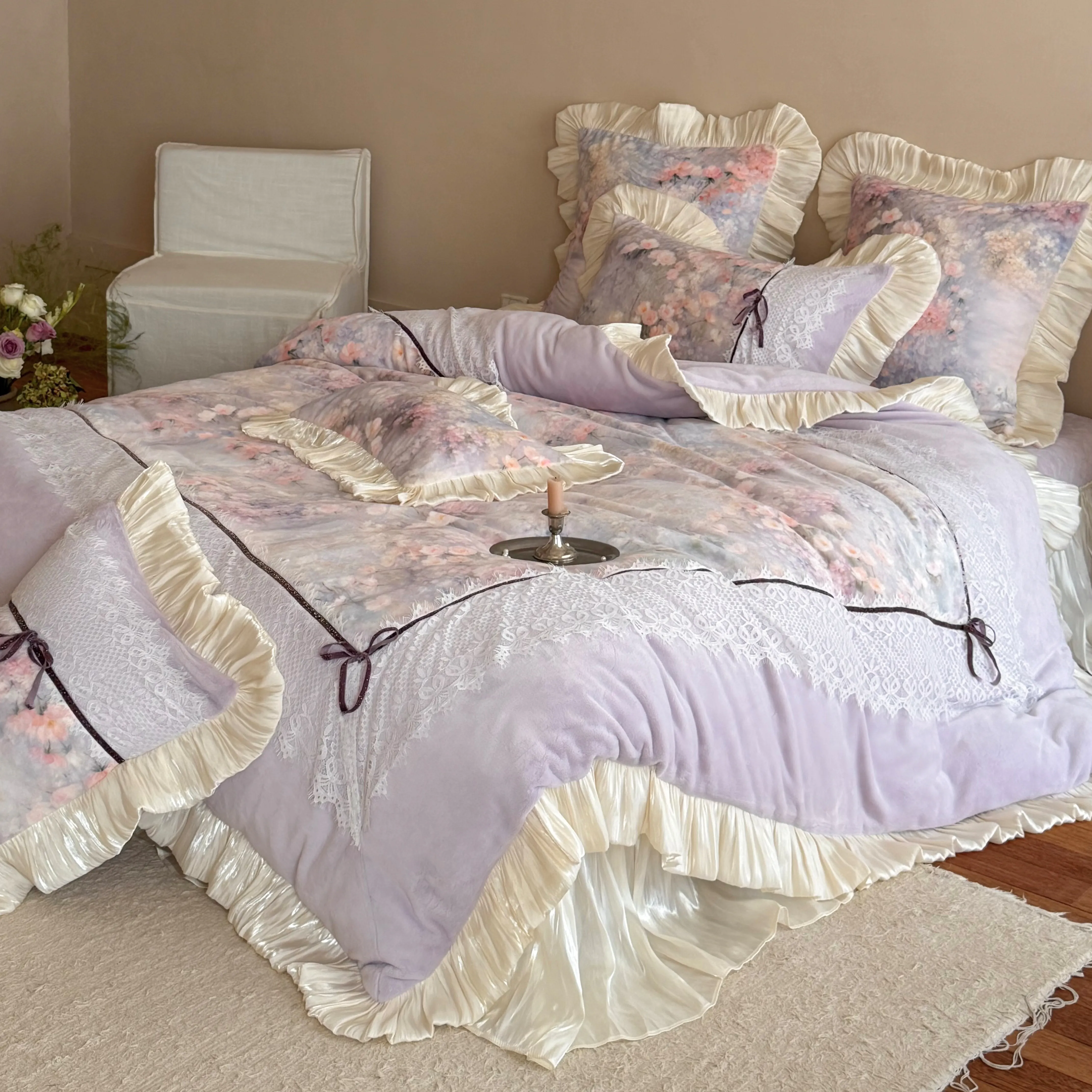 Cottagecore Reversible Floral Print 260g Milk Velvet Winter Bedding Set02