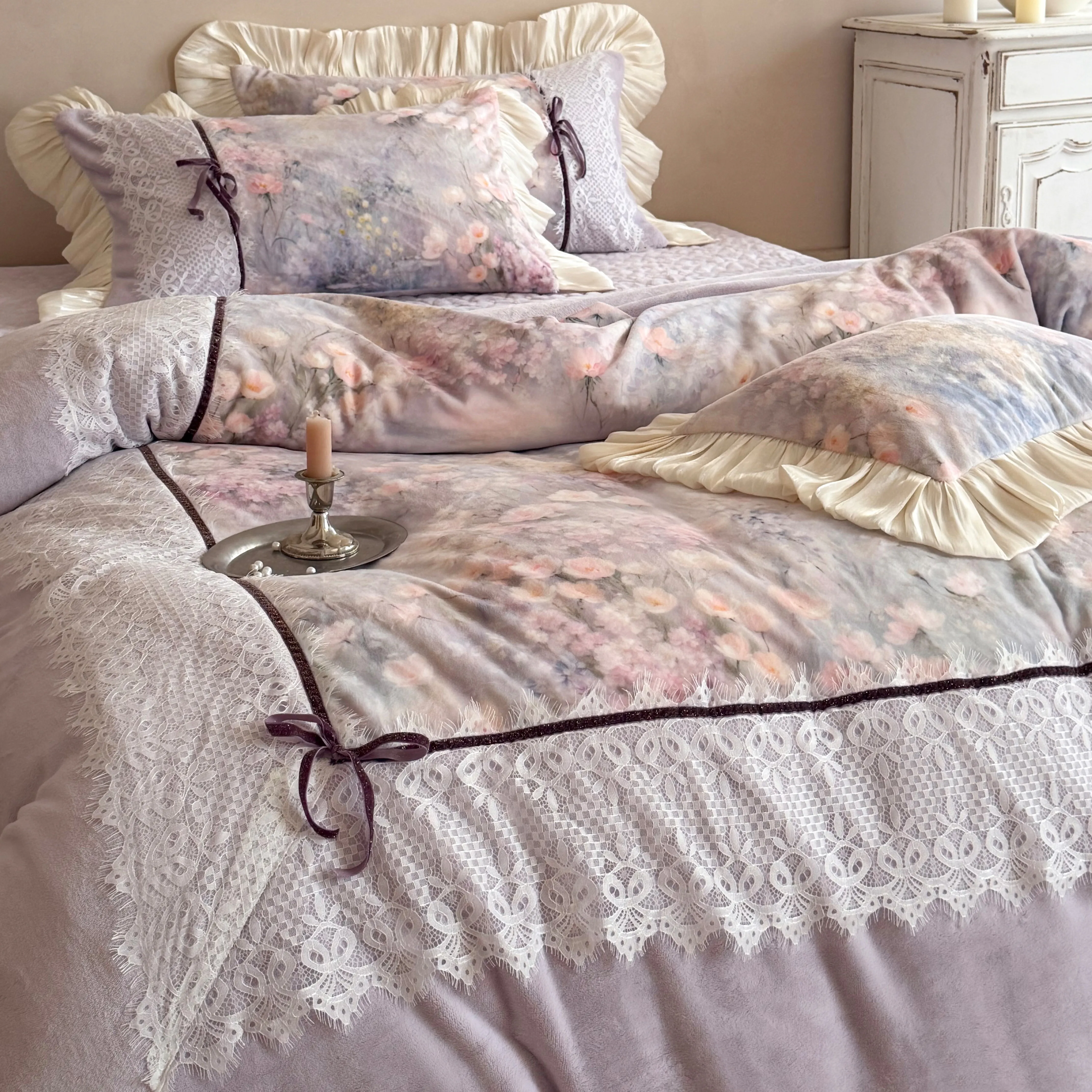 Cottagecore Reversible Floral Print 260g Milk Velvet Winter Bedding Set03 Cottagecore Reversible Floral Print 260g Milk Velvet Winter Bedding Set03