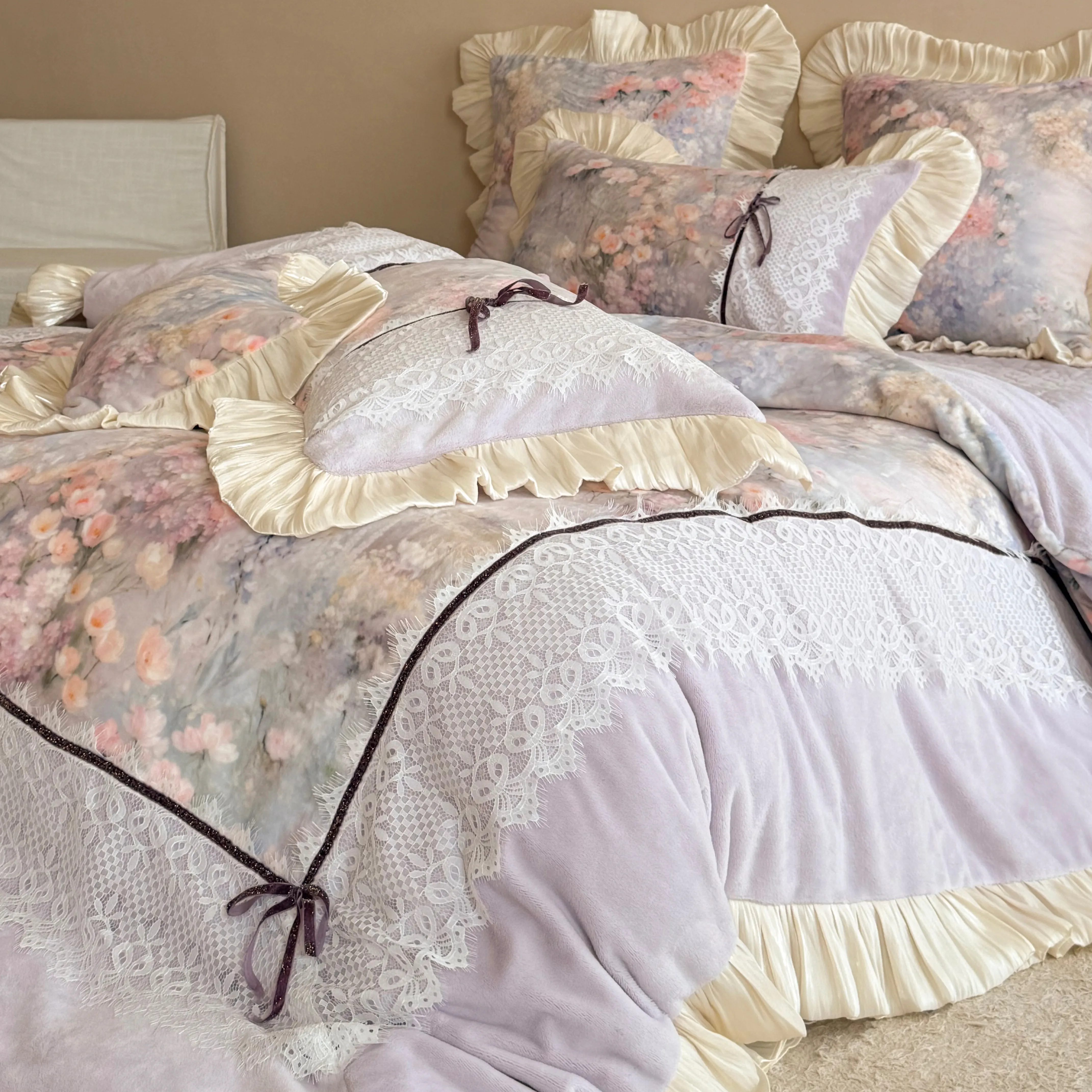 Cottagecore Reversible Floral Print 260g Milk Velvet Winter Bedding Set04 Cottagecore Reversible Floral Print 260g Milk Velvet Winter Bedding Set04