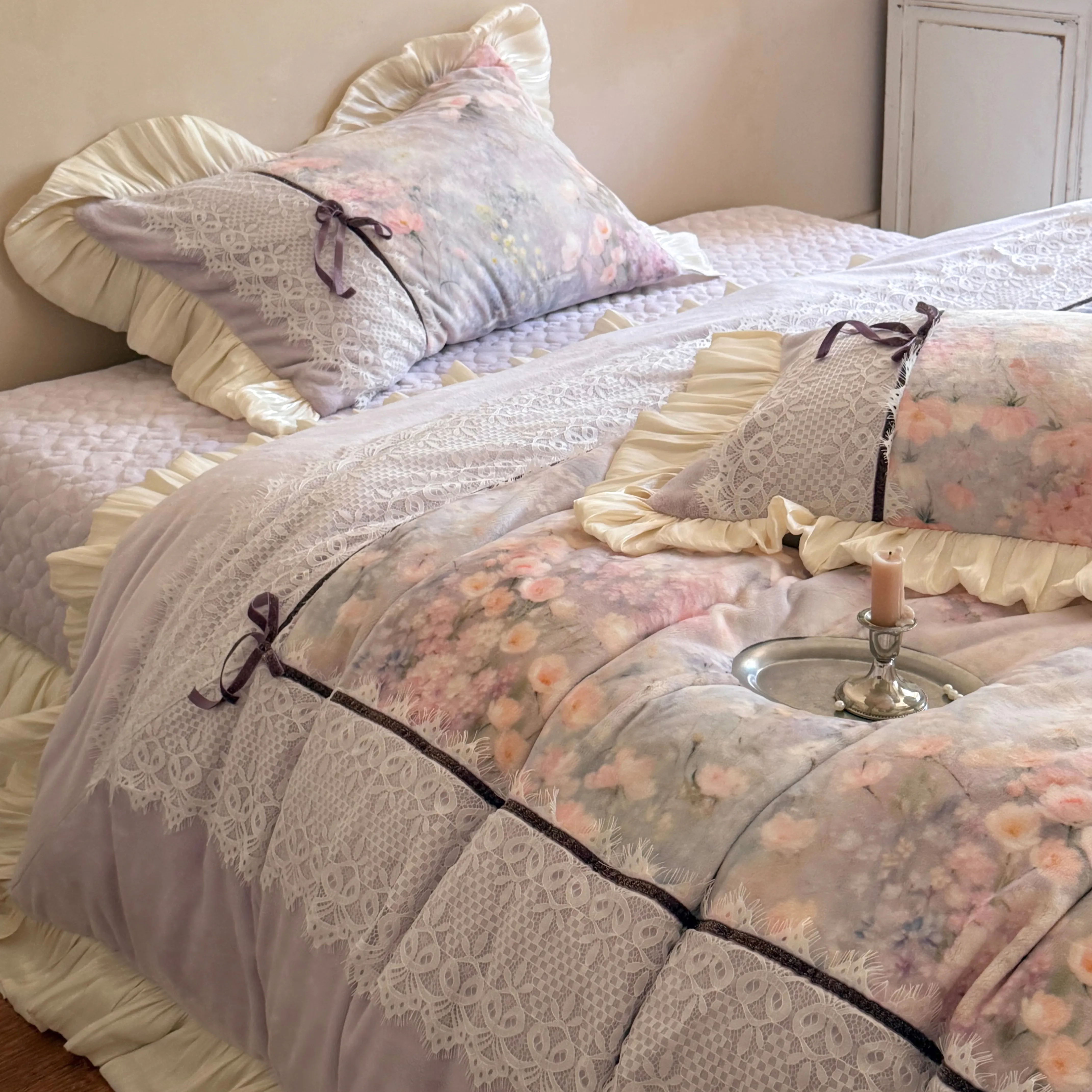 Cottagecore Reversible Floral Print 260g Milk Velvet Winter Bedding Set05 Cottagecore Reversible Floral Print 260g Milk Velvet Winter Bedding Set05