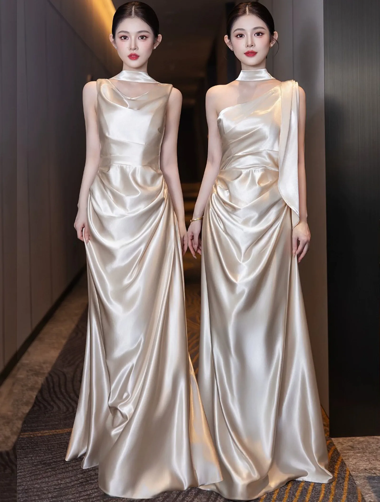 Lustrous Gilded Champagne Satin Maid of Honor Wedding Reception Dress01
