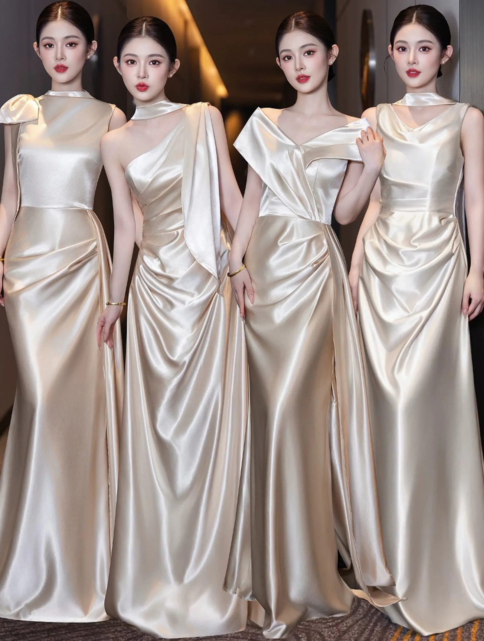 Lustrous Gilded Champagne Satin Maid of Honor Wedding Reception Dress02 Lustrous Gilded Champagne Satin Maid of Honor Wedding Reception Dress02