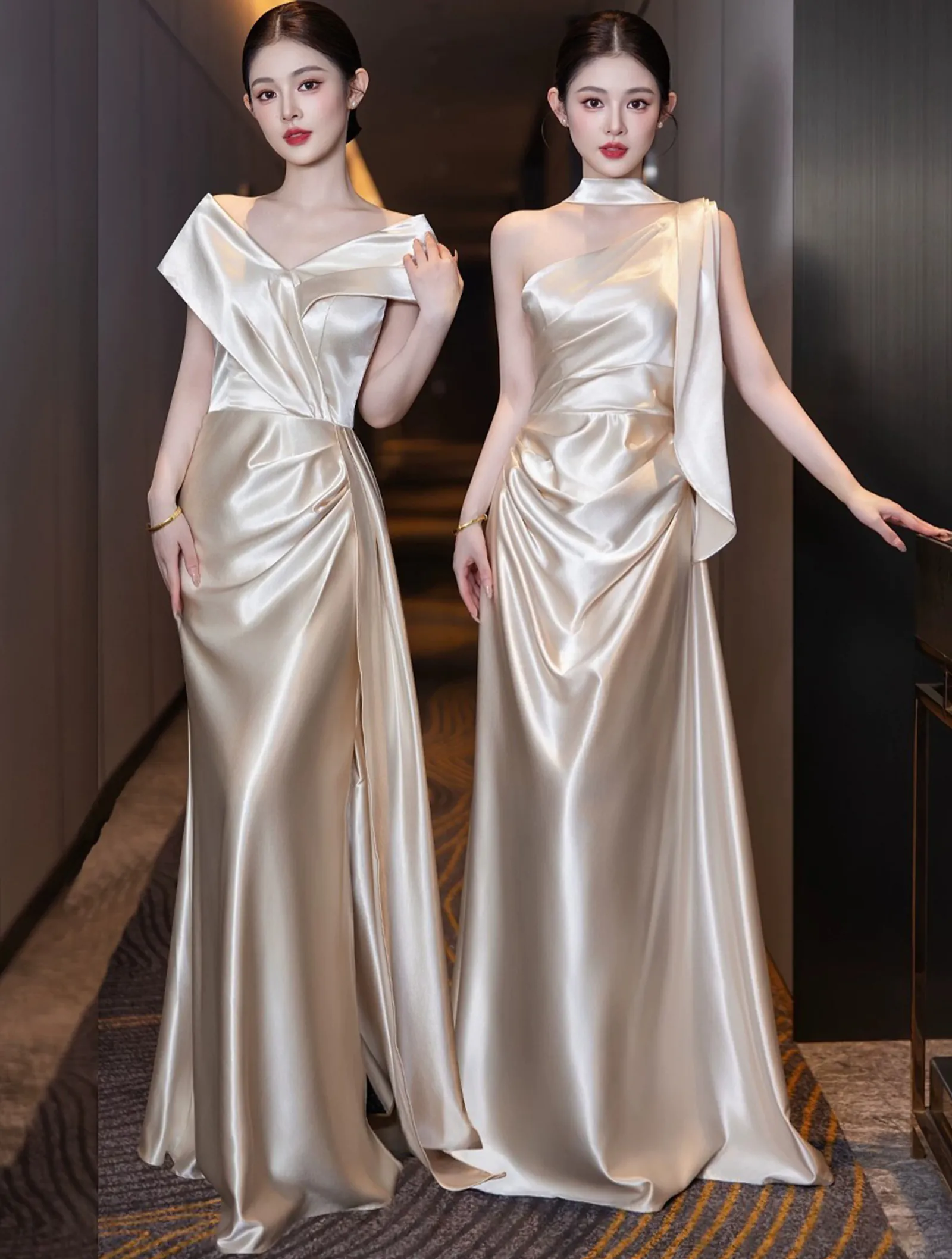 Lustrous Gilded Champagne Satin Maid of Honor Wedding Reception Dress03 Lustrous Gilded Champagne Satin Maid of Honor Wedding Reception Dress03