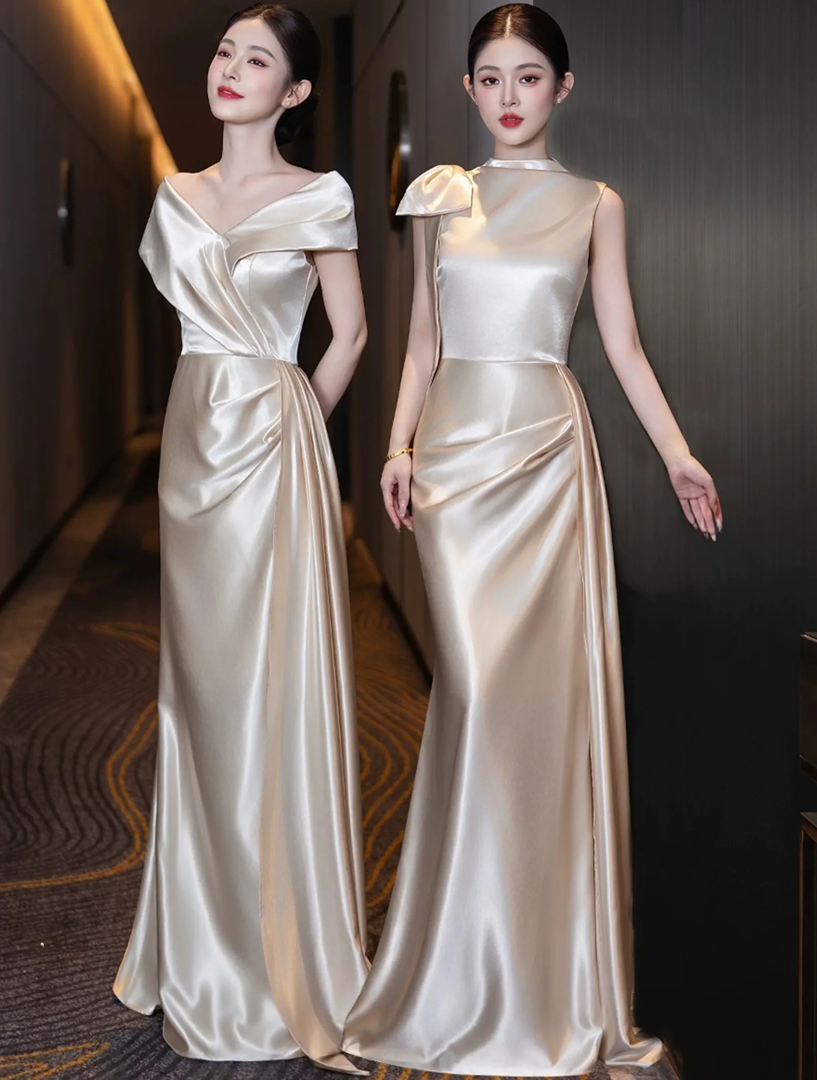 Lustrous Gilded Champagne Satin Maid of Honor Wedding Reception Dress04 Lustrous Gilded Champagne Satin Maid of Honor Wedding Reception Dress04