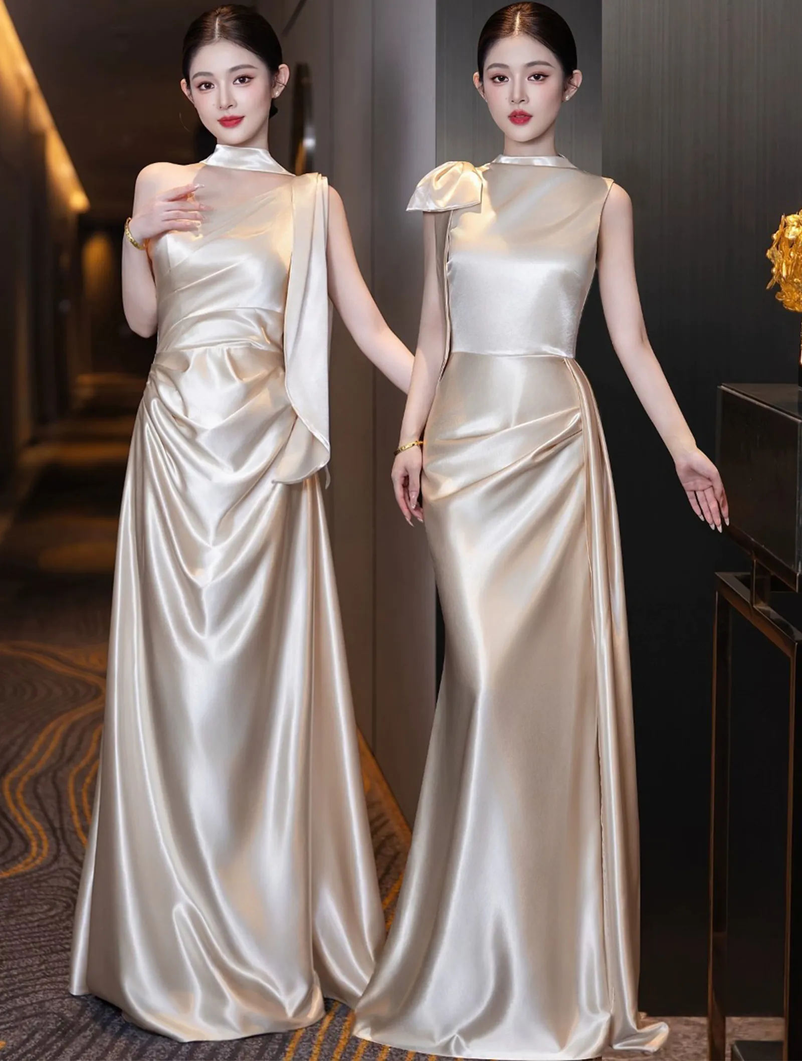 Lustrous Gilded Champagne Satin Maid of Honor Wedding Reception Dress05 Lustrous Gilded Champagne Satin Maid of Honor Wedding Reception Dress05
