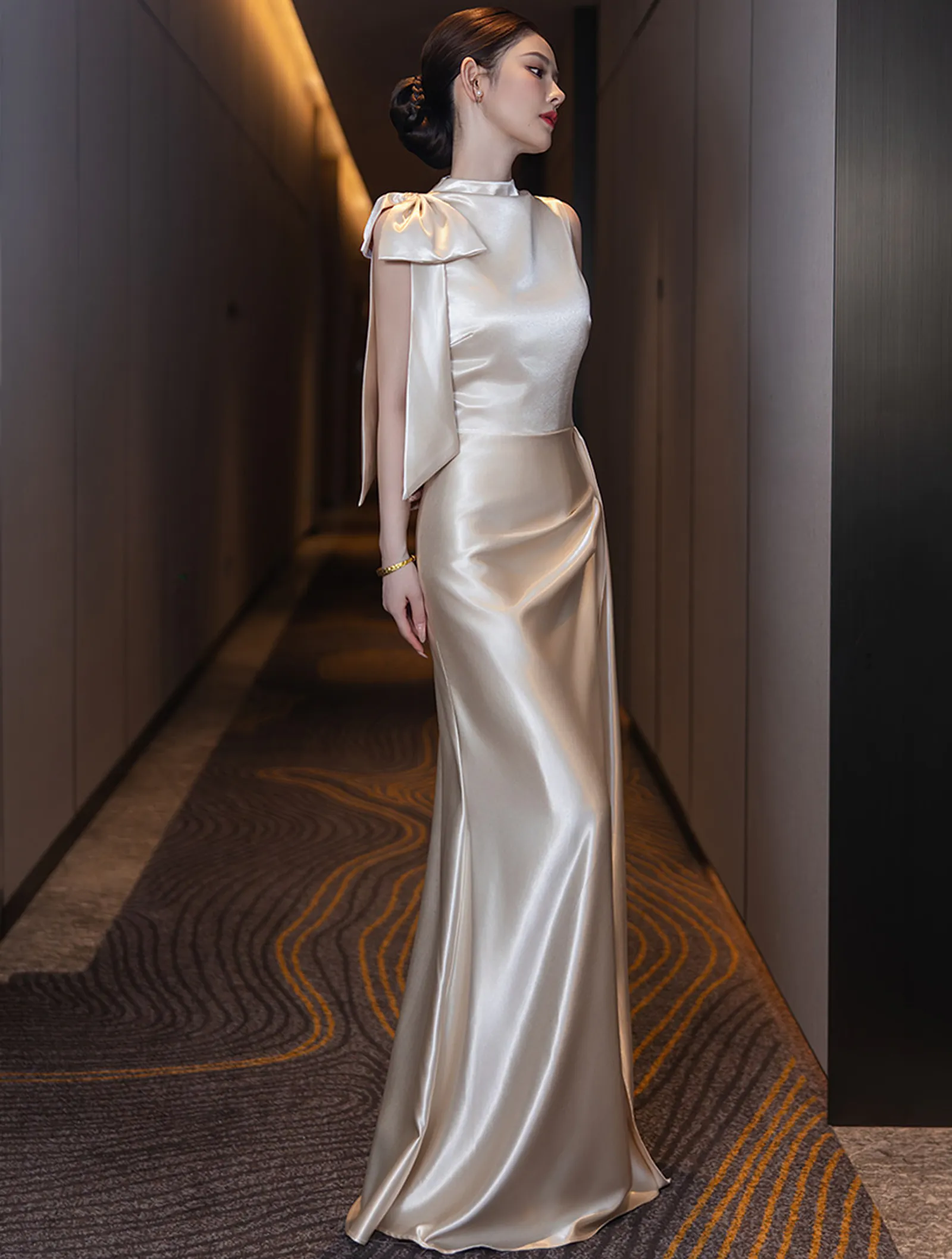 Lustrous Gilded Champagne Satin Maid of Honor Wedding Reception Dress06 Lustrous Gilded Champagne Satin Maid of Honor Wedding Reception Dress06