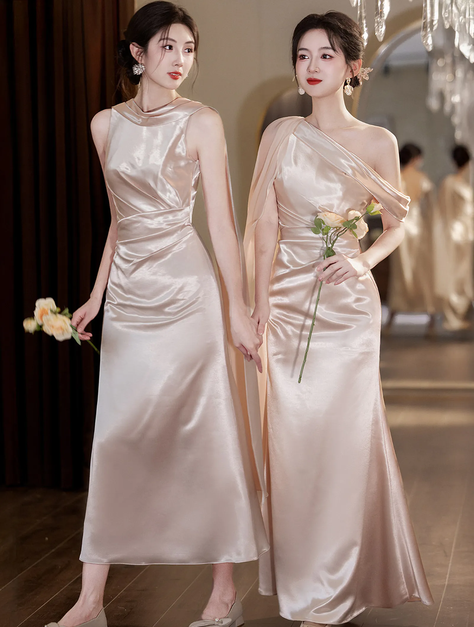 Modern Light Khaki Glossy Satin Ruched Bodice Asymmetrical Bridesmaid Dress01