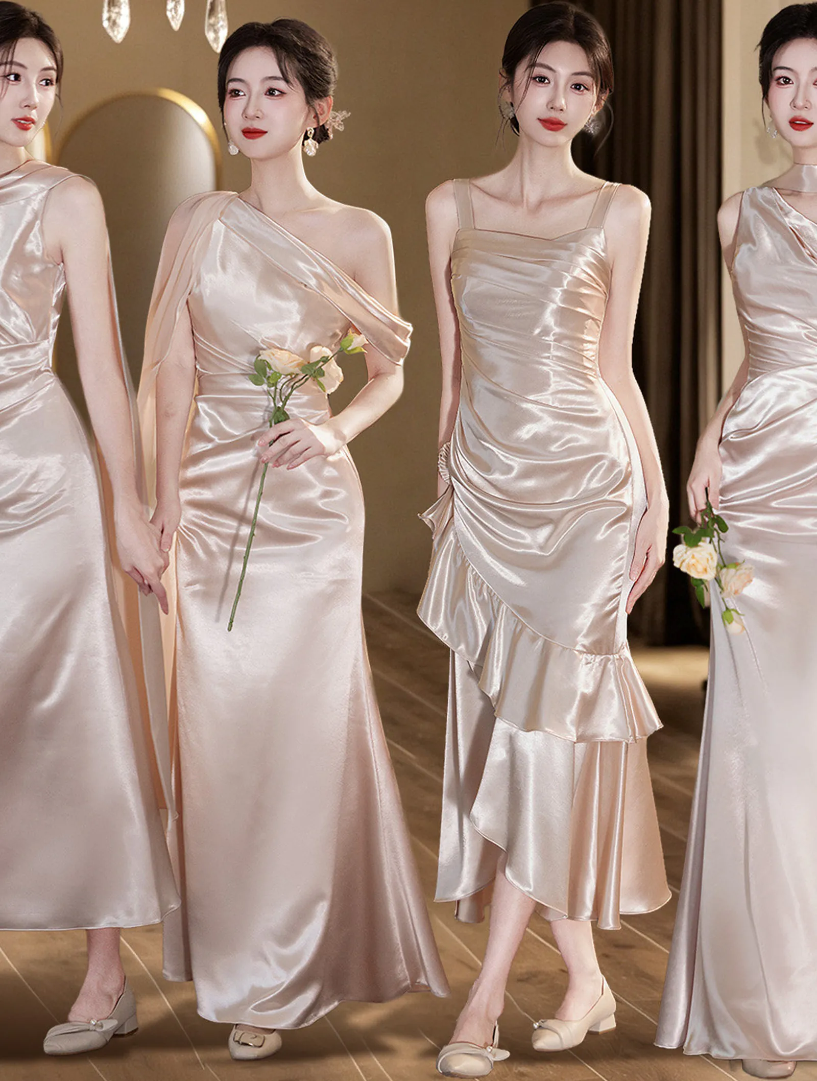 Modern Light Khaki Glossy Satin Ruched Bodice Asymmetrical Bridesmaid Dress02 Modern Light Khaki Glossy Satin Ruched Bodice Asymmetrical Bridesmaid Dress02
