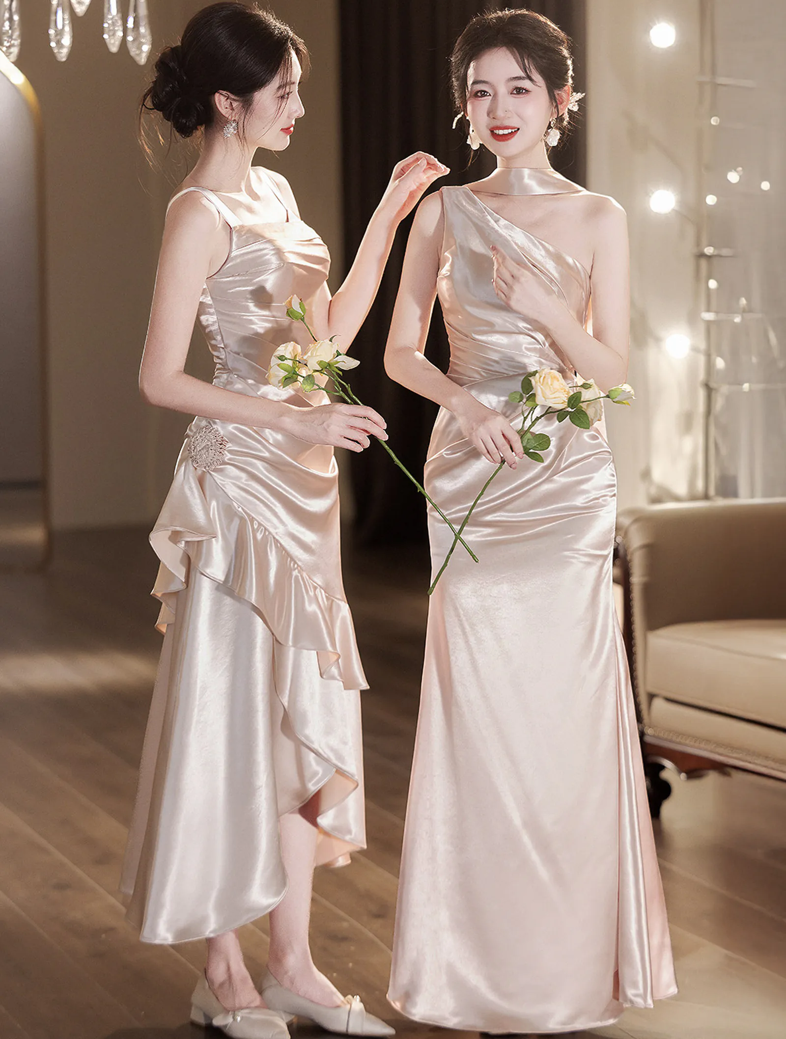Modern Light Khaki Glossy Satin Ruched Bodice Asymmetrical Bridesmaid Dress03 Modern Light Khaki Glossy Satin Ruched Bodice Asymmetrical Bridesmaid Dress03