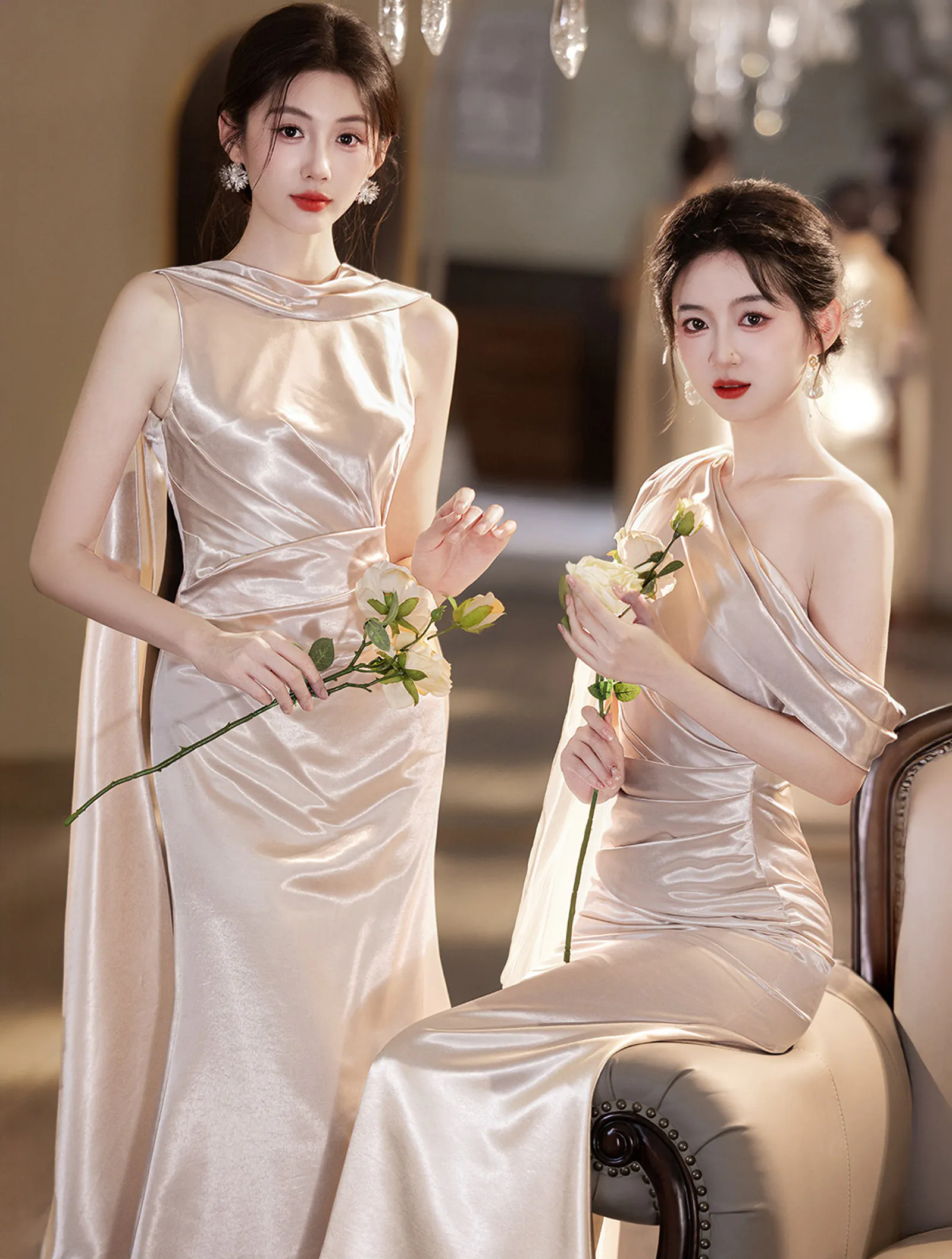 Modern Light Khaki Glossy Satin Ruched Bodice Asymmetrical Bridesmaid Dress04 Modern Light Khaki Glossy Satin Ruched Bodice Asymmetrical Bridesmaid Dress04