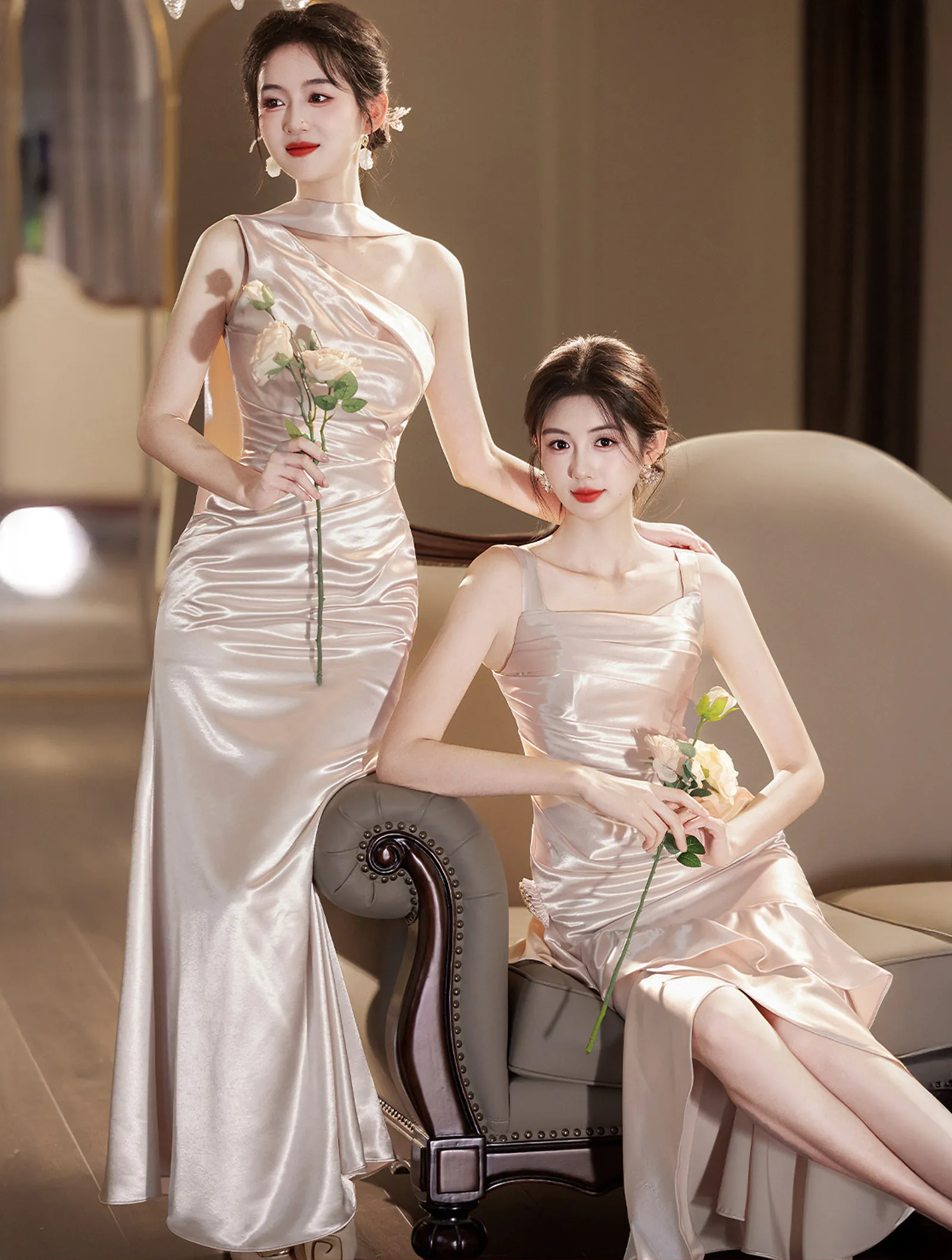 Modern Light Khaki Glossy Satin Ruched Bodice Asymmetrical Bridesmaid Dress05 Modern Light Khaki Glossy Satin Ruched Bodice Asymmetrical Bridesmaid Dress05