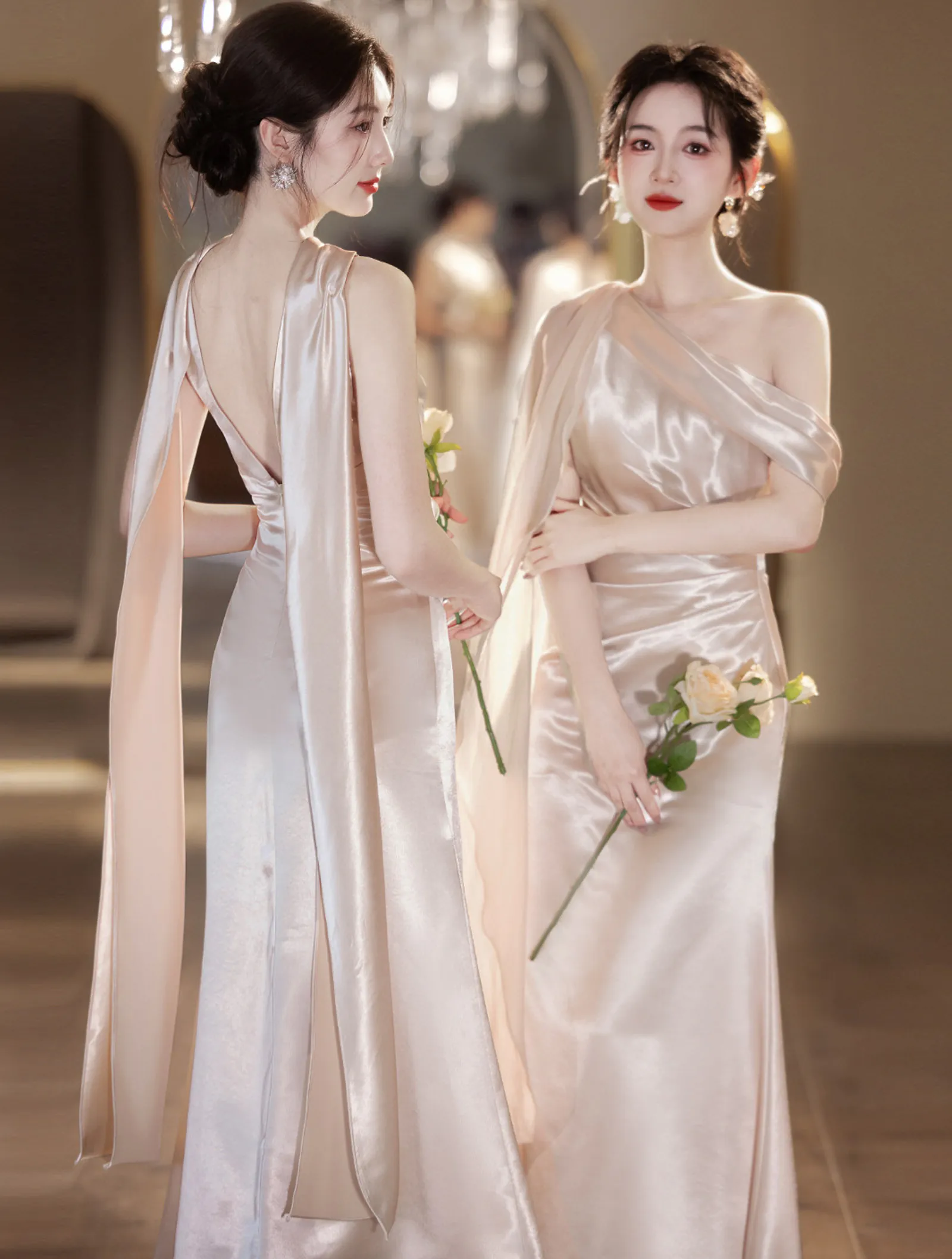 Modern Light Khaki Glossy Satin Ruched Bodice Asymmetrical Bridesmaid Dress06 Modern Light Khaki Glossy Satin Ruched Bodice Asymmetrical Bridesmaid Dress06