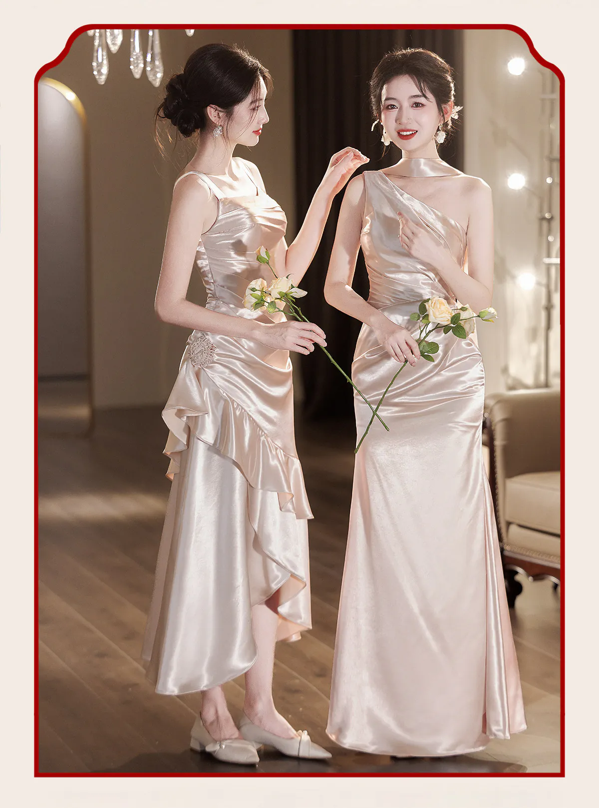 Modern-Light-Khaki-Glossy-Satin-Ruched-Bodice-Asymmetrical-Bridesmaid-Dress09