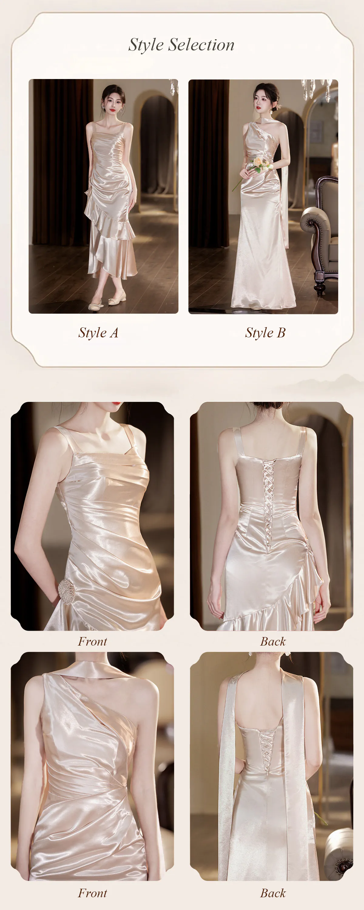 Modern-Light-Khaki-Glossy-Satin-Ruched-Bodice-Asymmetrical-Bridesmaid-Dress10