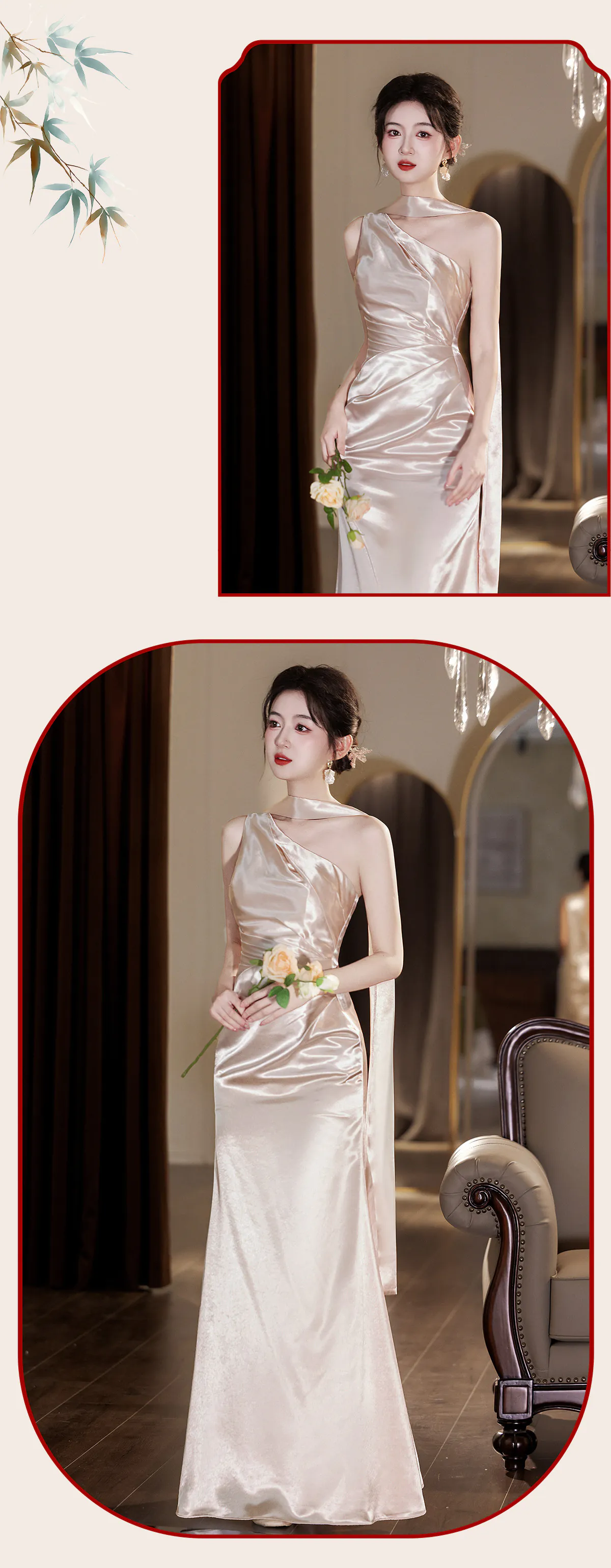 Modern-Light-Khaki-Glossy-Satin-Ruched-Bodice-Asymmetrical-Bridesmaid-Dress14