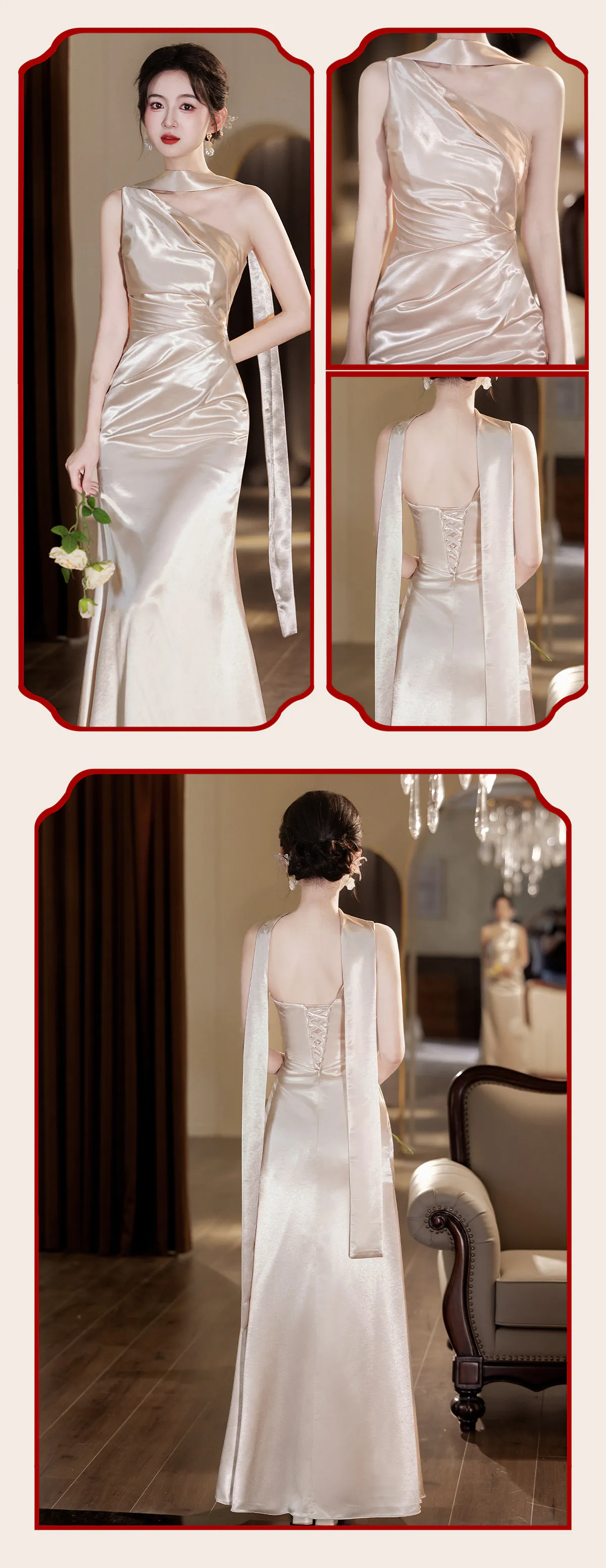 Modern-Light-Khaki-Glossy-Satin-Ruched-Bodice-Asymmetrical-Bridesmaid-Dress15