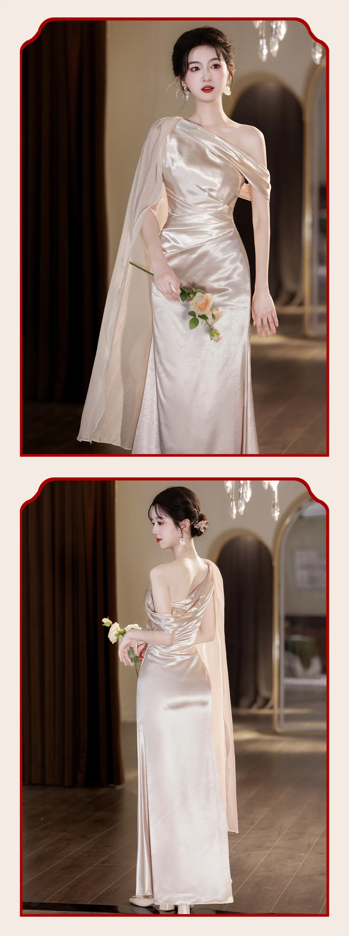 Modern-Light-Khaki-Glossy-Satin-Ruched-Bodice-Asymmetrical-Bridesmaid-Dress24