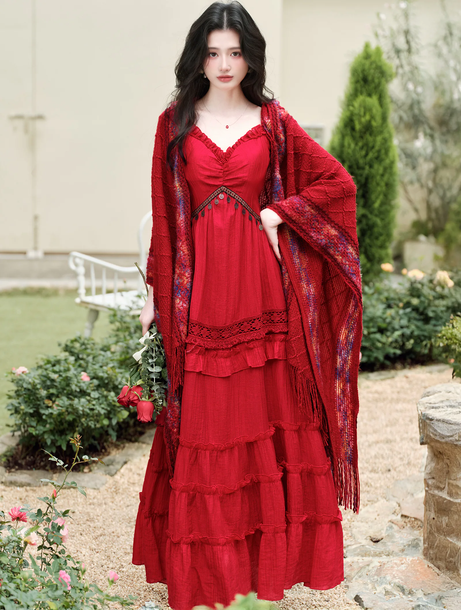Red Bohemian Tiered Maxi Dress with Knit Tassel Hooded Shawl 2 Pcs Set01