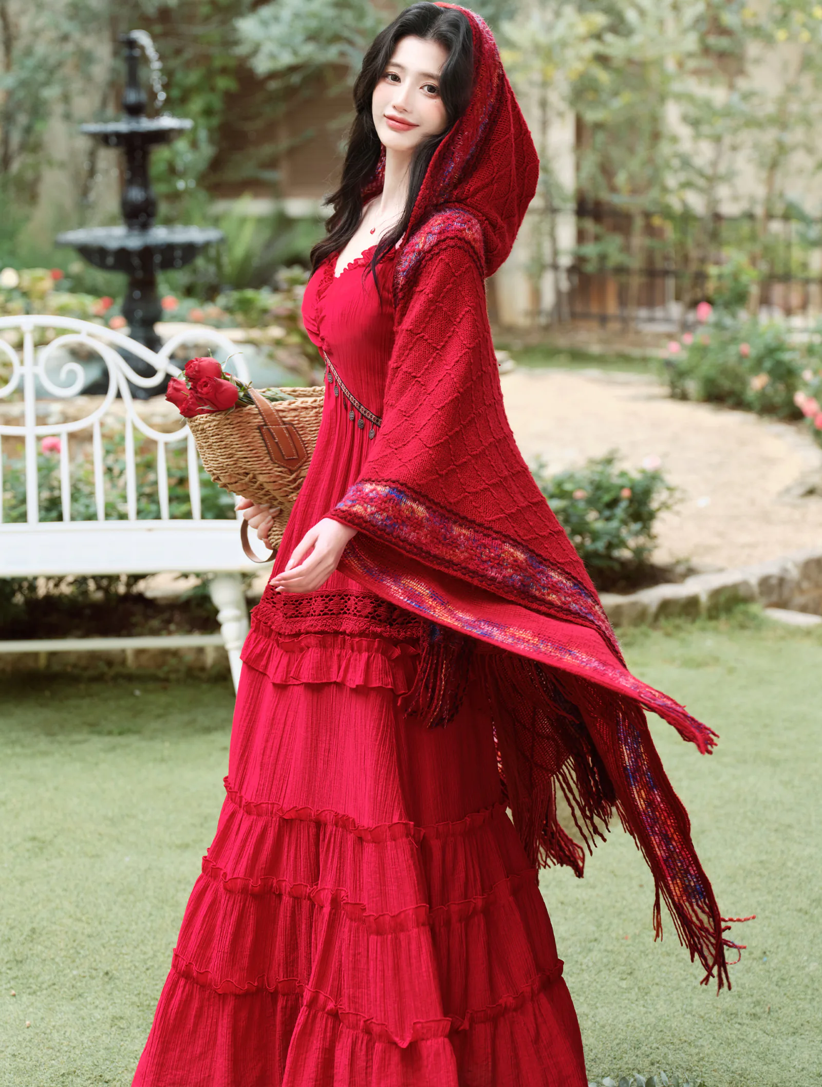 Red Bohemian Tiered Maxi Dress with Knit Tassel Hooded Shawl 2-Pcs Set03 Red Bohemian Tiered Maxi Dress with Knit Tassel Hooded Shawl 2 Pcs Set03