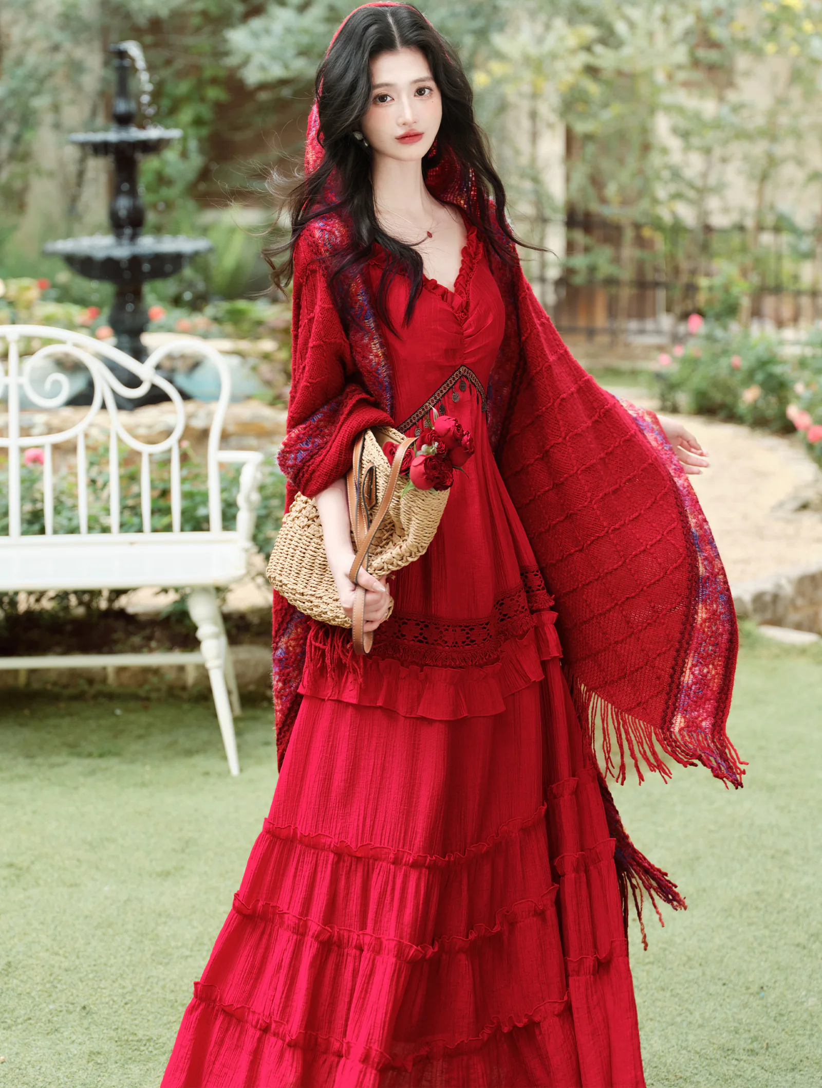 Red Bohemian Tiered Maxi Dress with Knit Tassel Hooded Shawl 2-Pcs Set04 Red Bohemian Tiered Maxi Dress with Knit Tassel Hooded Shawl 2 Pcs Set04