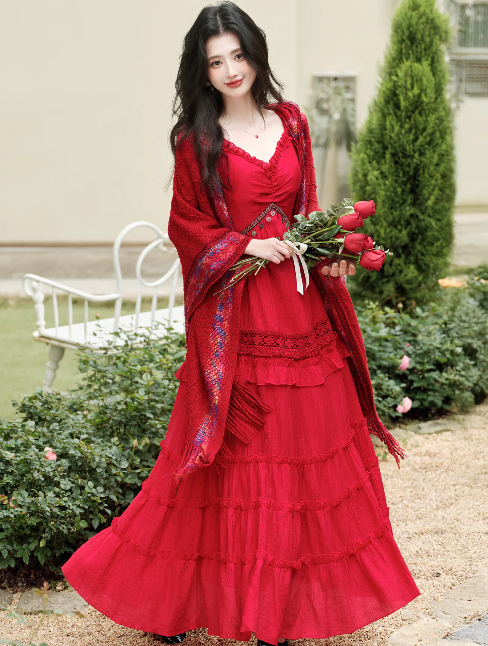 Red Bohemian Tiered Maxi Dress with Knit Tassel Hooded Shawl 2-Pcs Set05 Red Bohemian Tiered Maxi Dress with Knit Tassel Hooded Shawl 2 Pcs Set05
