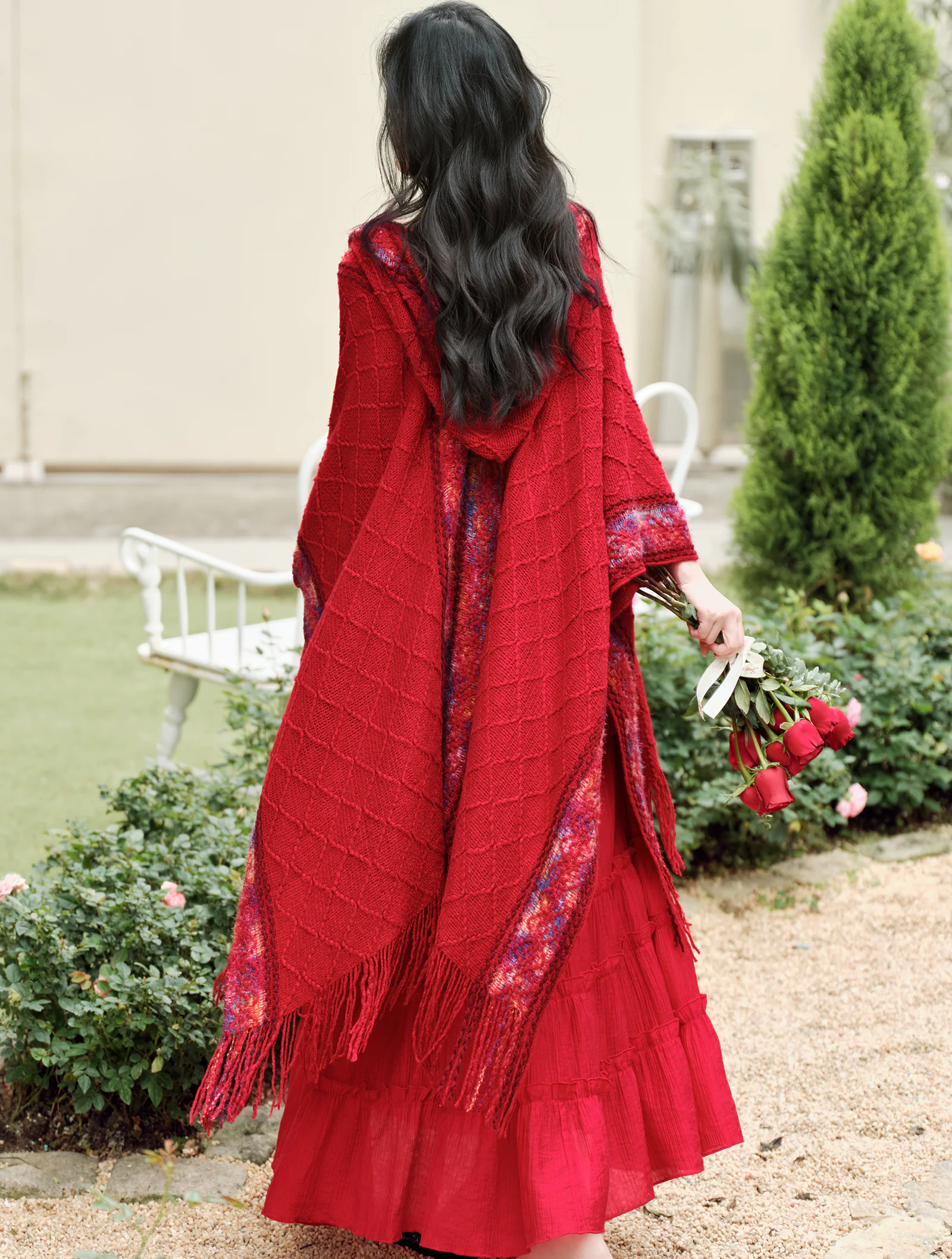 Red Bohemian Tiered Maxi Dress with Knit Tassel Hooded Shawl 2-Pcs Set06 Red Bohemian Tiered Maxi Dress with Knit Tassel Hooded Shawl 2 Pcs Set06