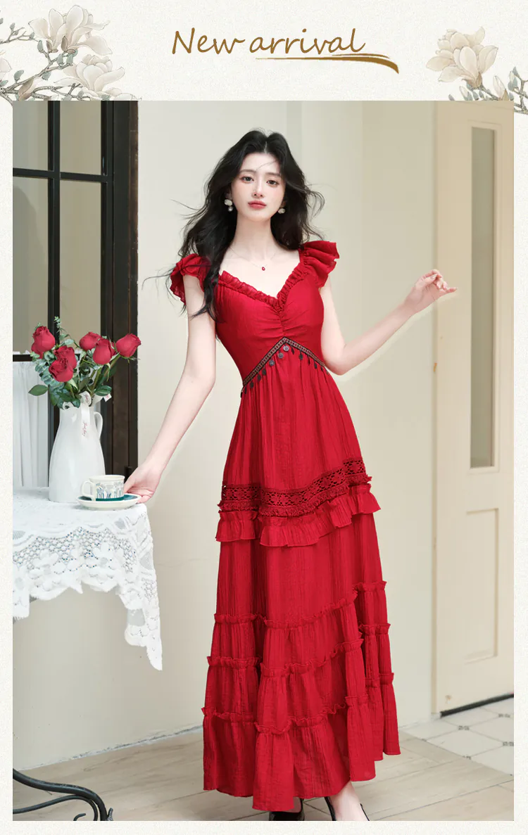Red-Bohemian-Tiered-Maxi-Dress-with-Knit-Tassel-Hooded-Shawl-2-Pcs-Set07