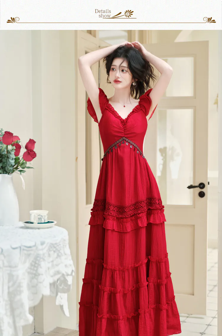 Red-Bohemian-Tiered-Maxi-Dress-with-Knit-Tassel-Hooded-Shawl-2-Pcs-Set08