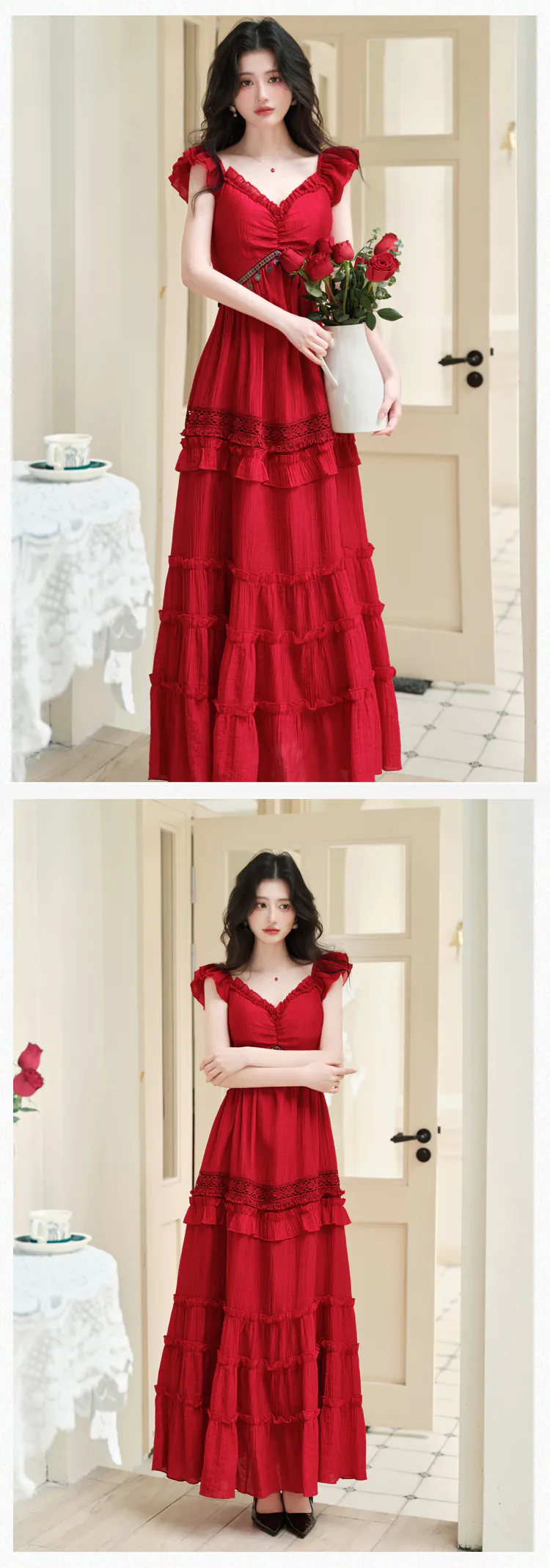 Red-Bohemian-Tiered-Maxi-Dress-with-Knit-Tassel-Hooded-Shawl-2-Pcs-Set11
