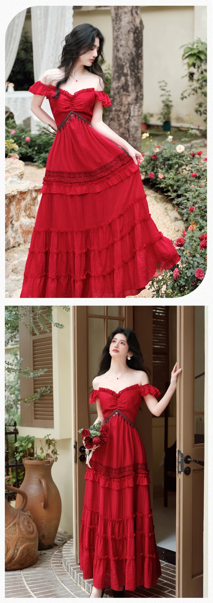 Red-Bohemian-Tiered-Maxi-Dress-with-Knit-Tassel-Hooded-Shawl-2-Pcs-Set12