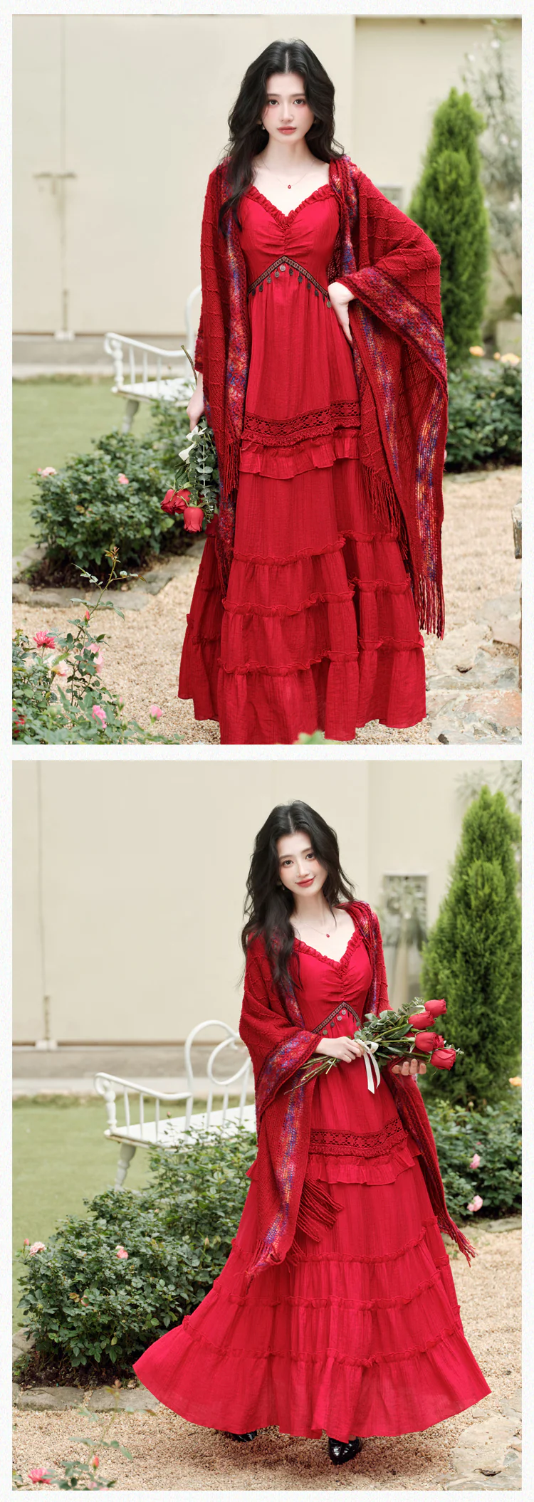 Red-Bohemian-Tiered-Maxi-Dress-with-Knit-Tassel-Hooded-Shawl-2-Pcs-Set14