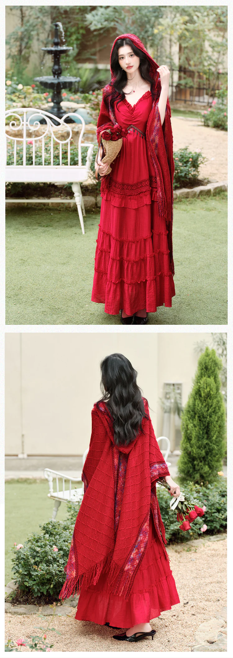 Red-Bohemian-Tiered-Maxi-Dress-with-Knit-Tassel-Hooded-Shawl-2-Pcs-Set15