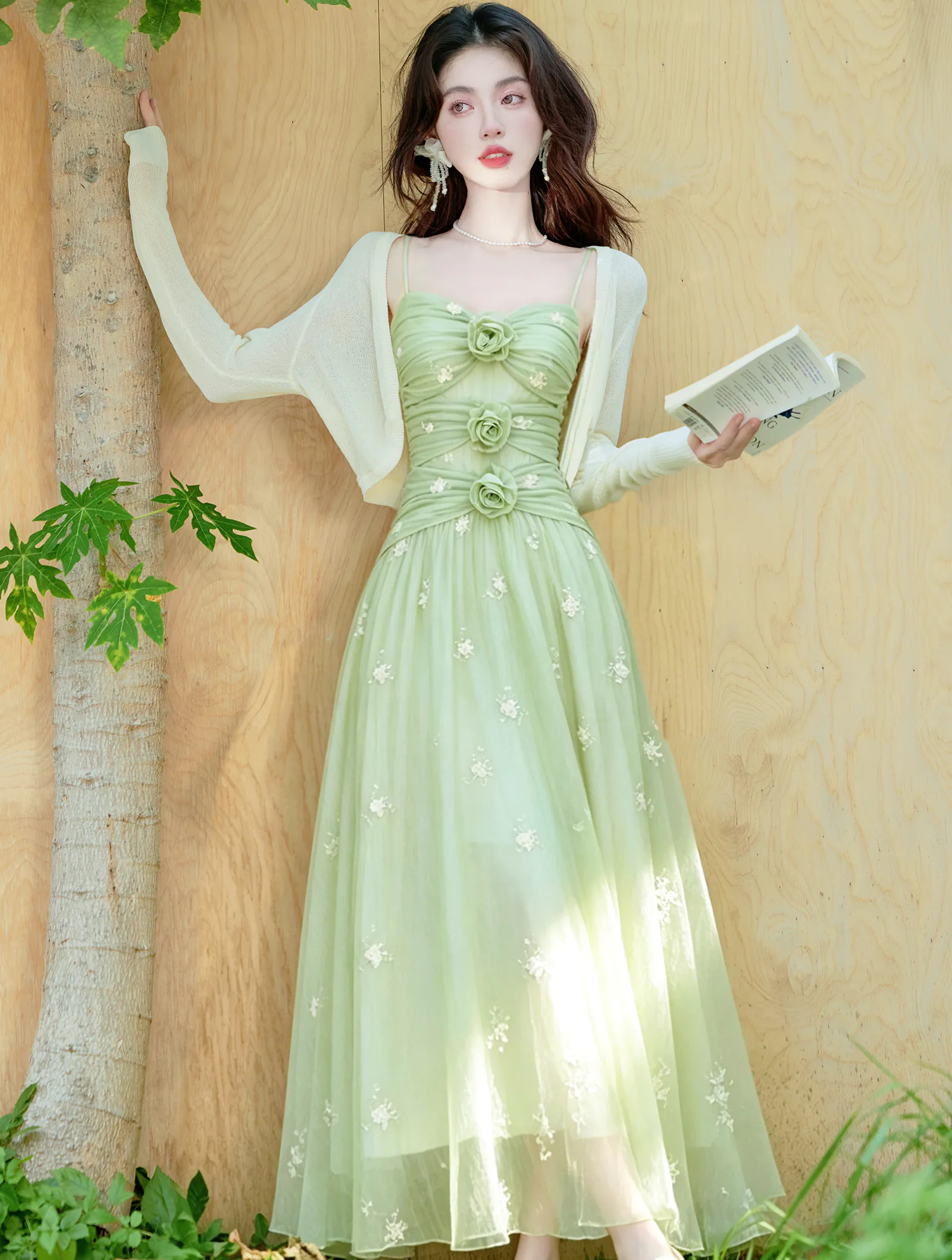 Sage Green Ruched Bodice Mesh Cami Dress with Knit Shrug 2 Piece Set01