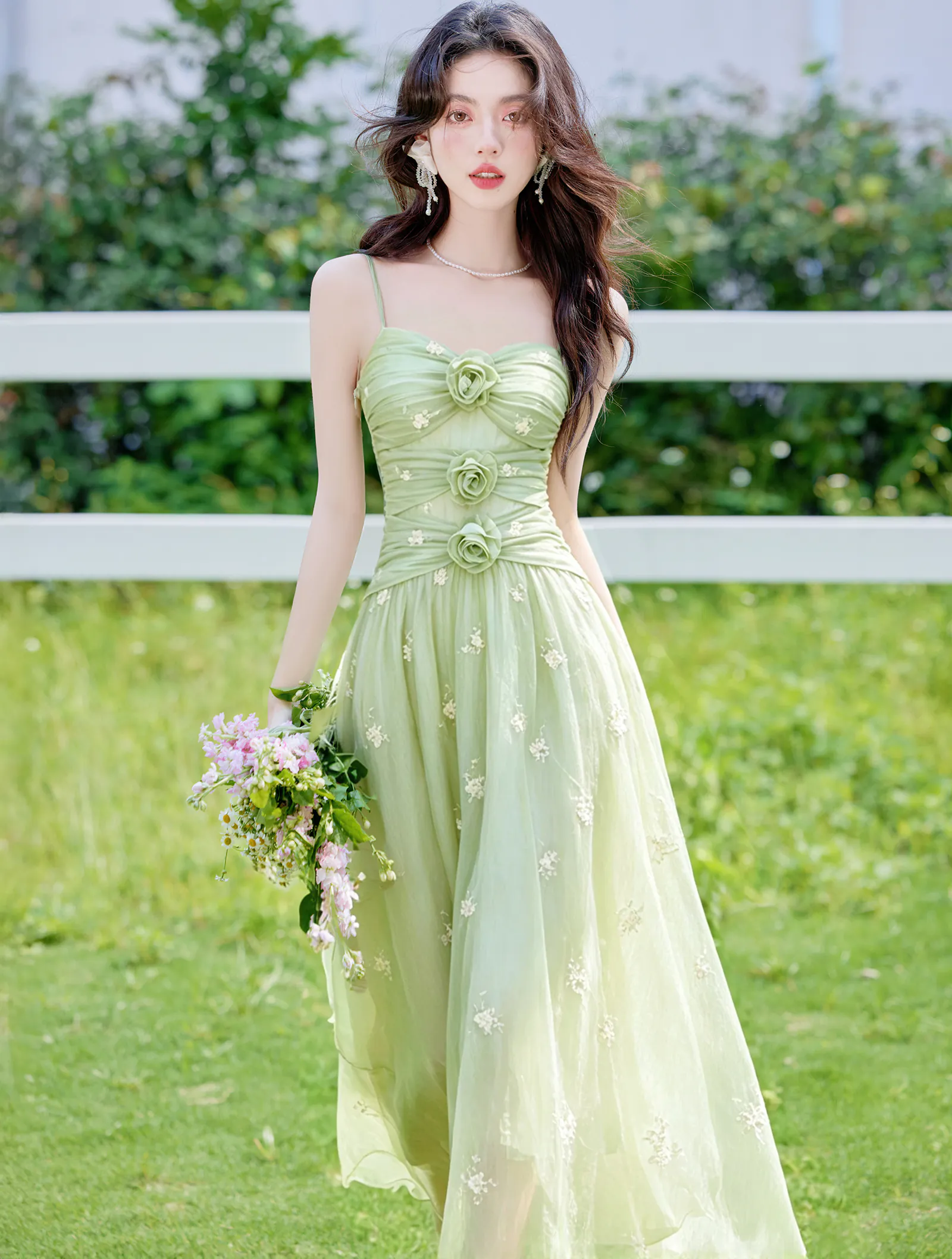 Sage Green Ruched Bodice Mesh Cami Dress with Knit Shrug 2 Piece Set02